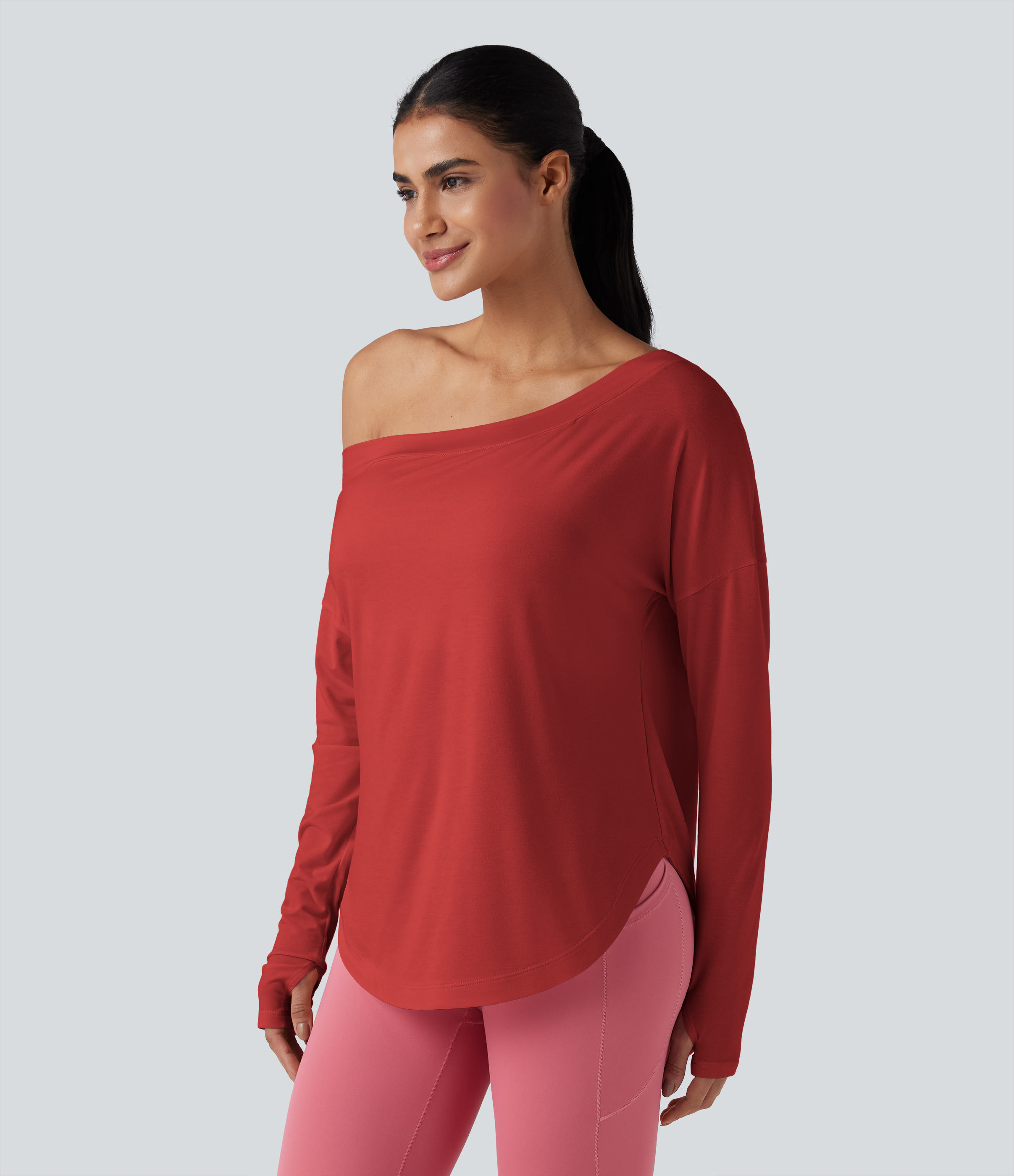 One Shoulder Long Sleeve Thumb Hole Curved Hem High Low Quick Dry Yoga Sports Top-Built-in Bra - Aura Orange