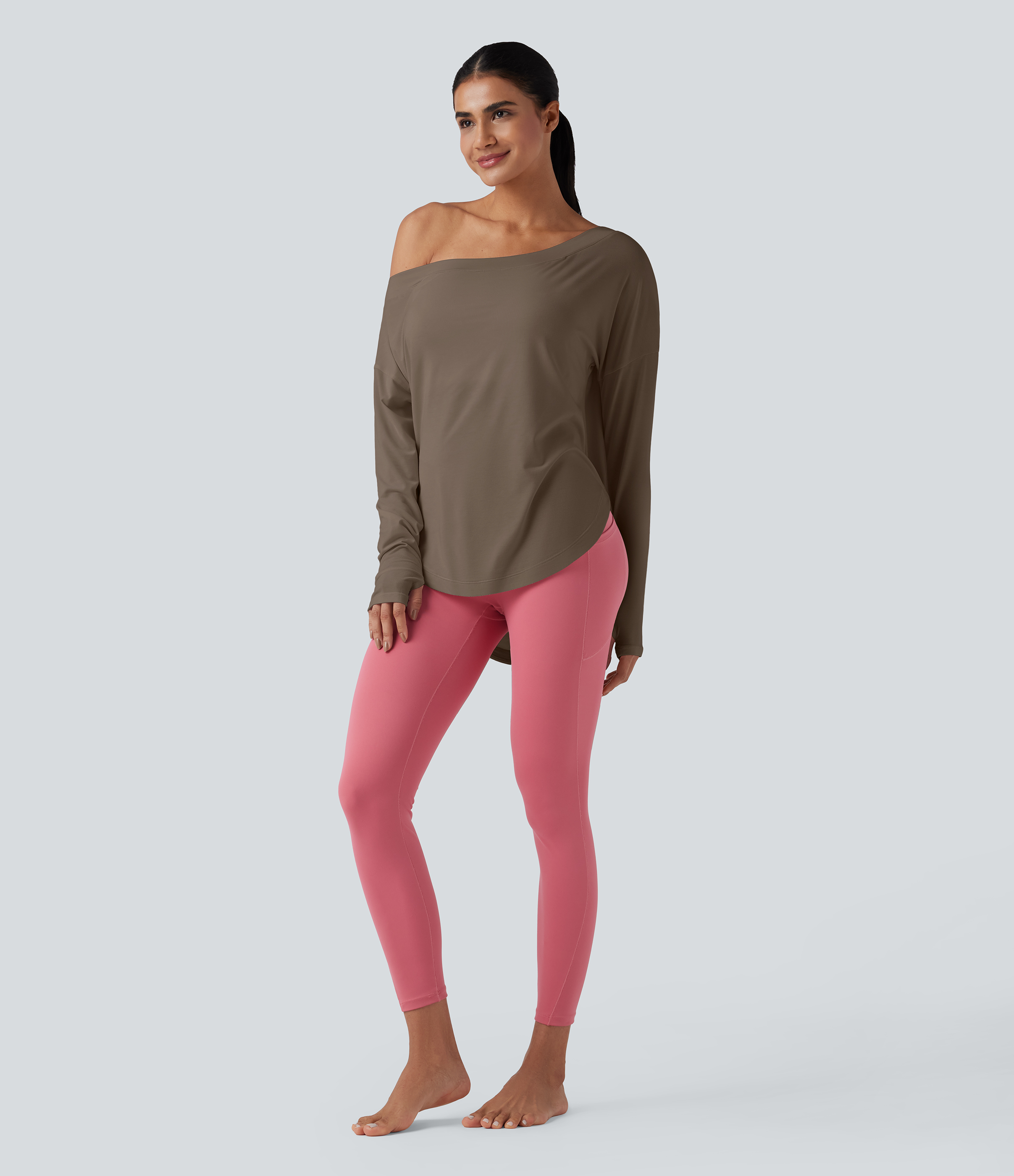 One Shoulder Long Sleeve Thumb Hole Curved Hem High Low Quick Dry Yoga Sports Top-Built-in Bra - Dawn Brown