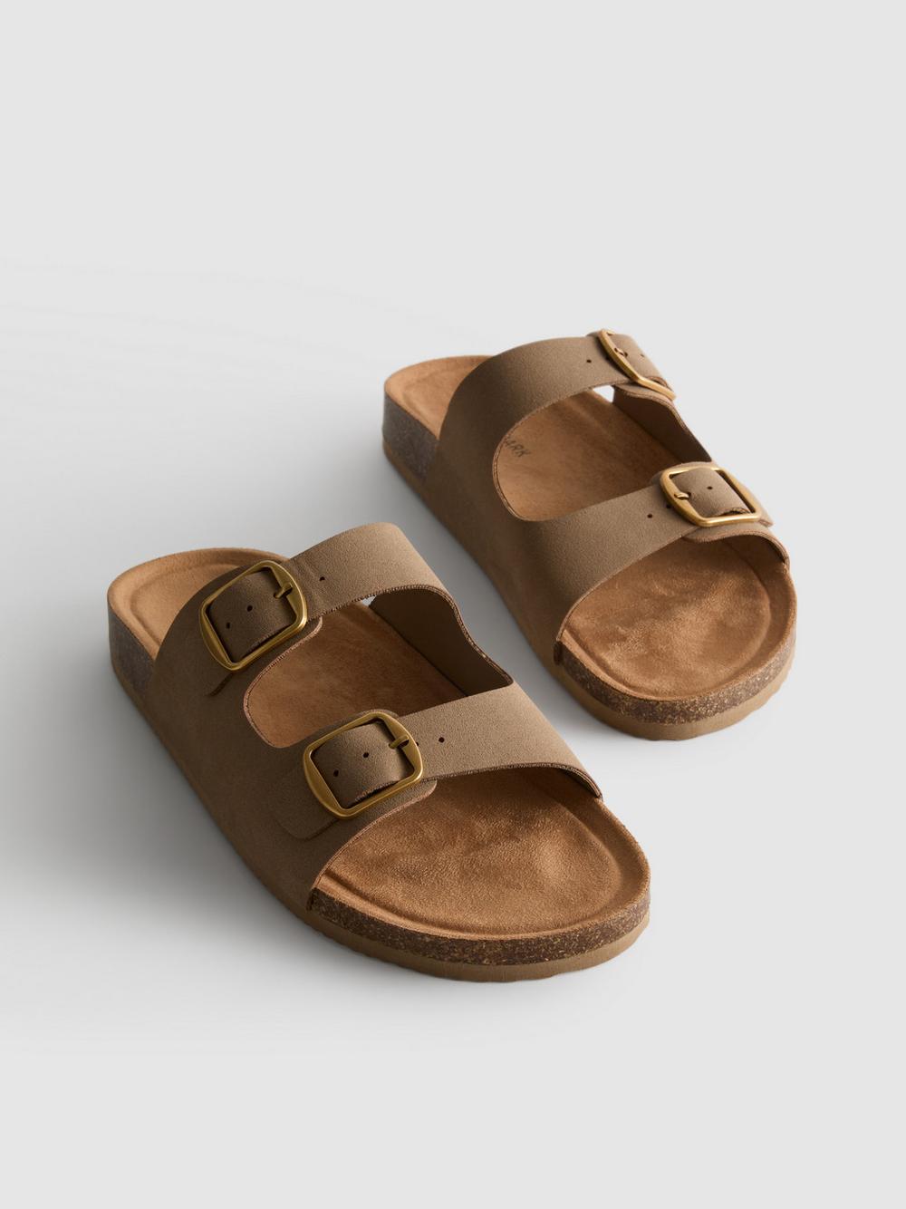 Double Buckle-Strap Mule Sandals - Taupe