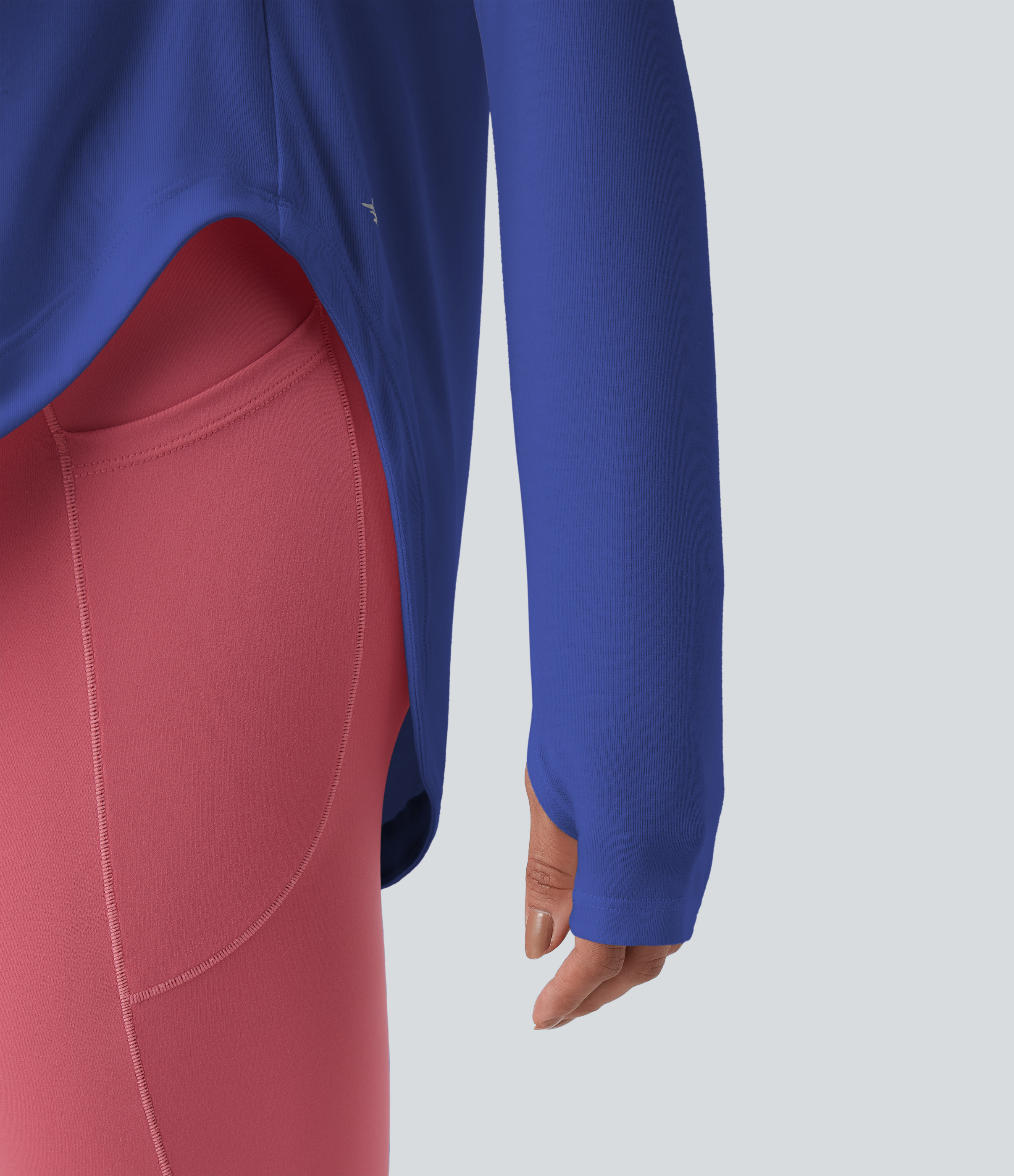 One Shoulder Long Sleeve Thumb Hole Curved Hem High Low Quick Dry Yoga Sports Top-Built-in Bra - Dazzling Blue