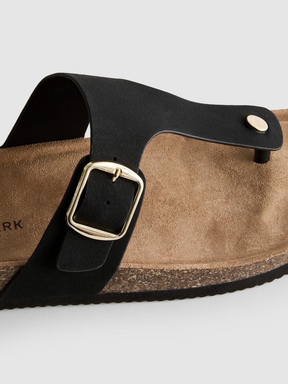 T-Bar Buckle Toe Post Sandals - Black