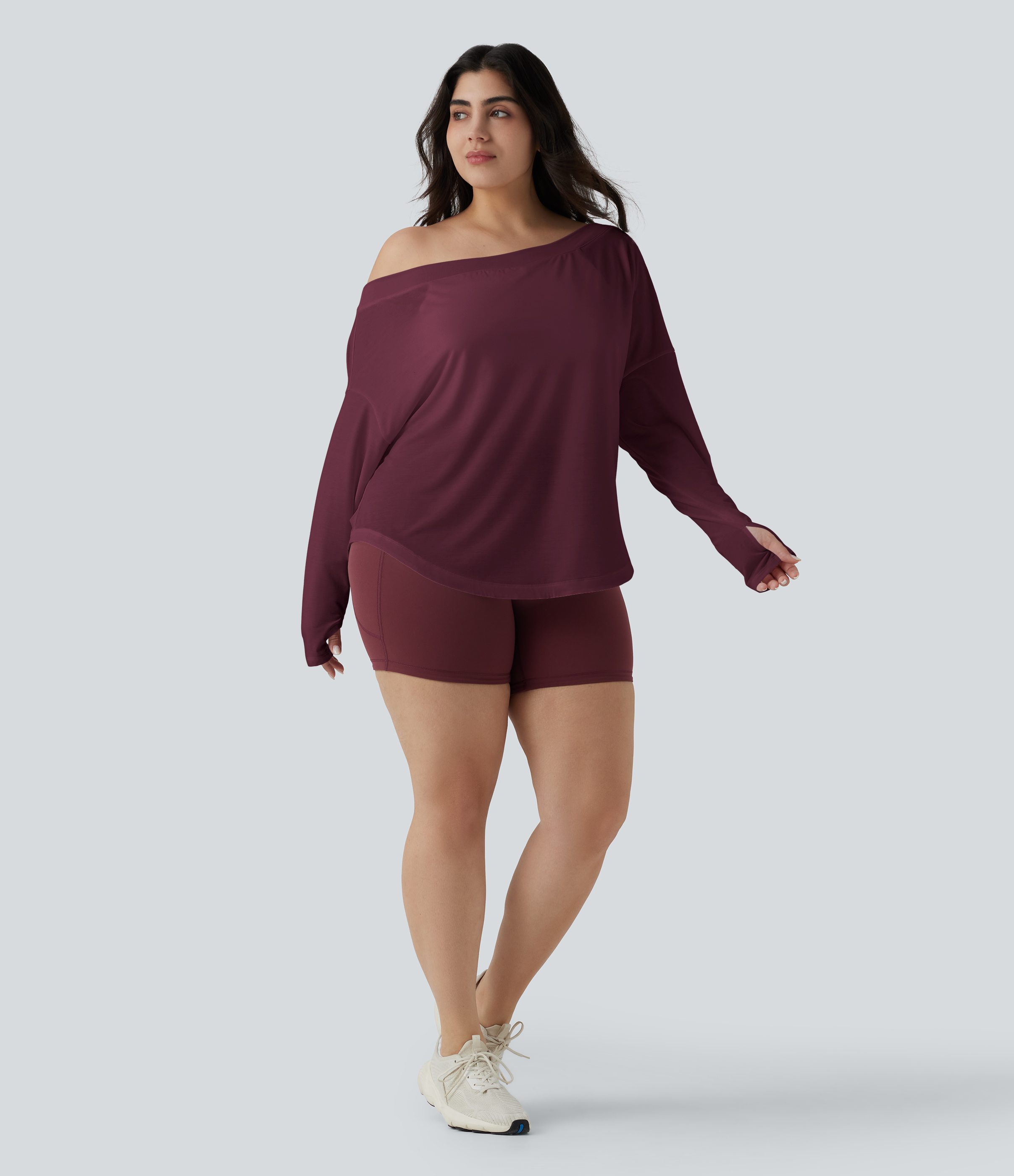 One Shoulder Long Sleeve Thumb Hole Curved Hem High Low Quick Dry Yoga Sports Top-Built-in Bra - Tibetan Red