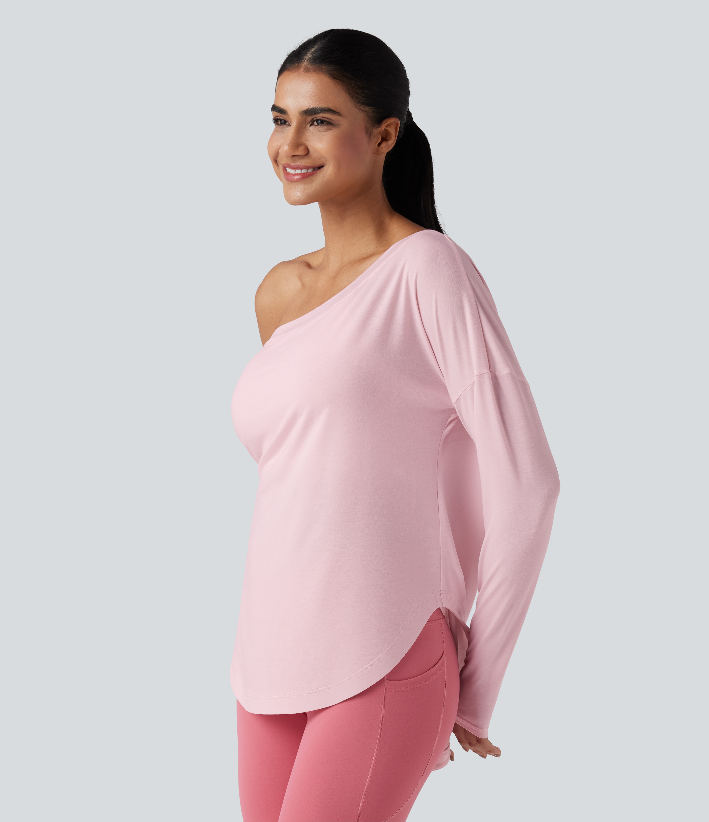 One Shoulder Long Sleeve Thumb Hole Curved Hem High Low Quick Dry Yoga Sports Top-Built-in Bra - Pale Lilac
