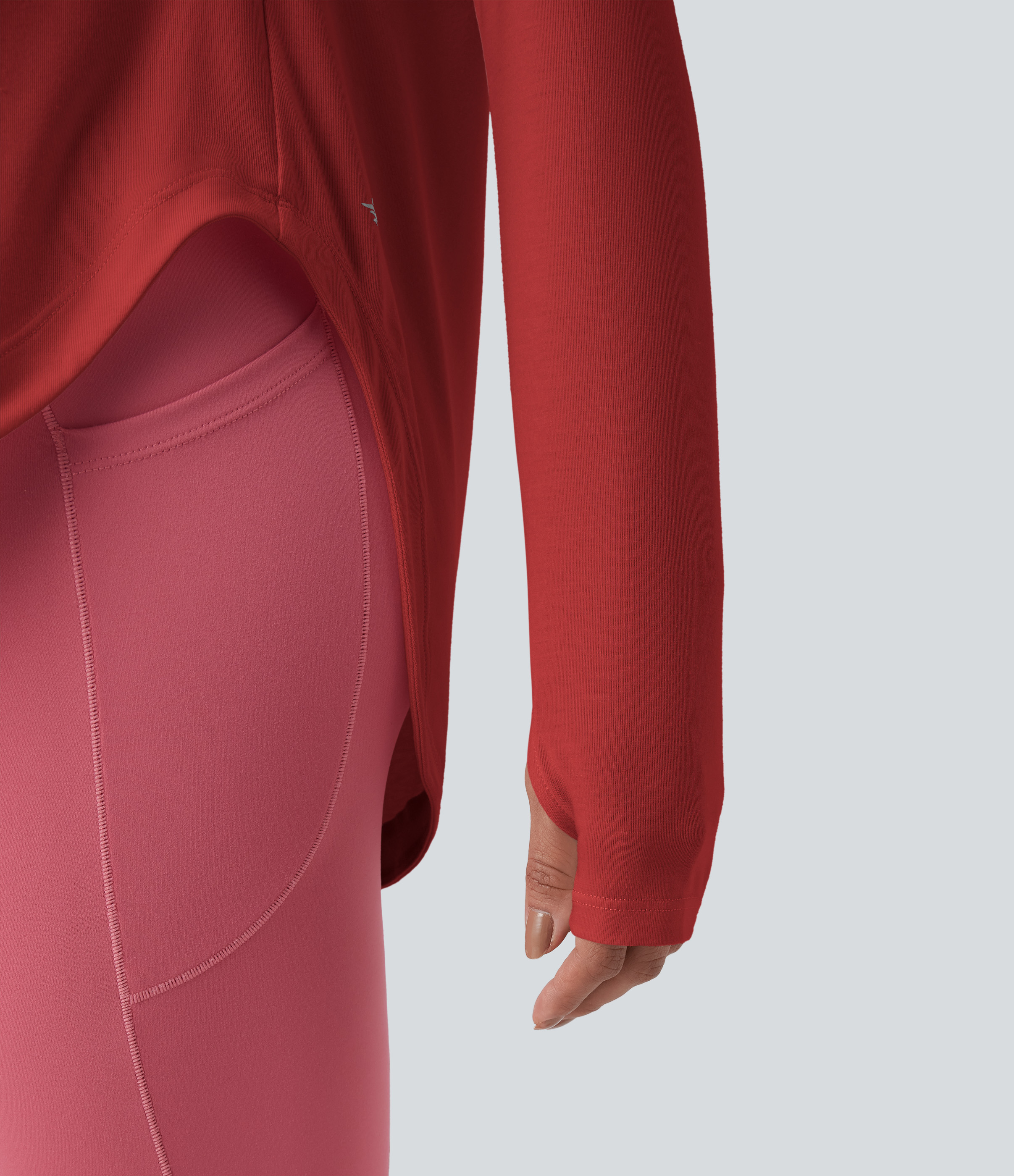 One Shoulder Long Sleeve Thumb Hole Curved Hem High Low Quick Dry Yoga Sports Top-Built-in Bra - Aura Orange