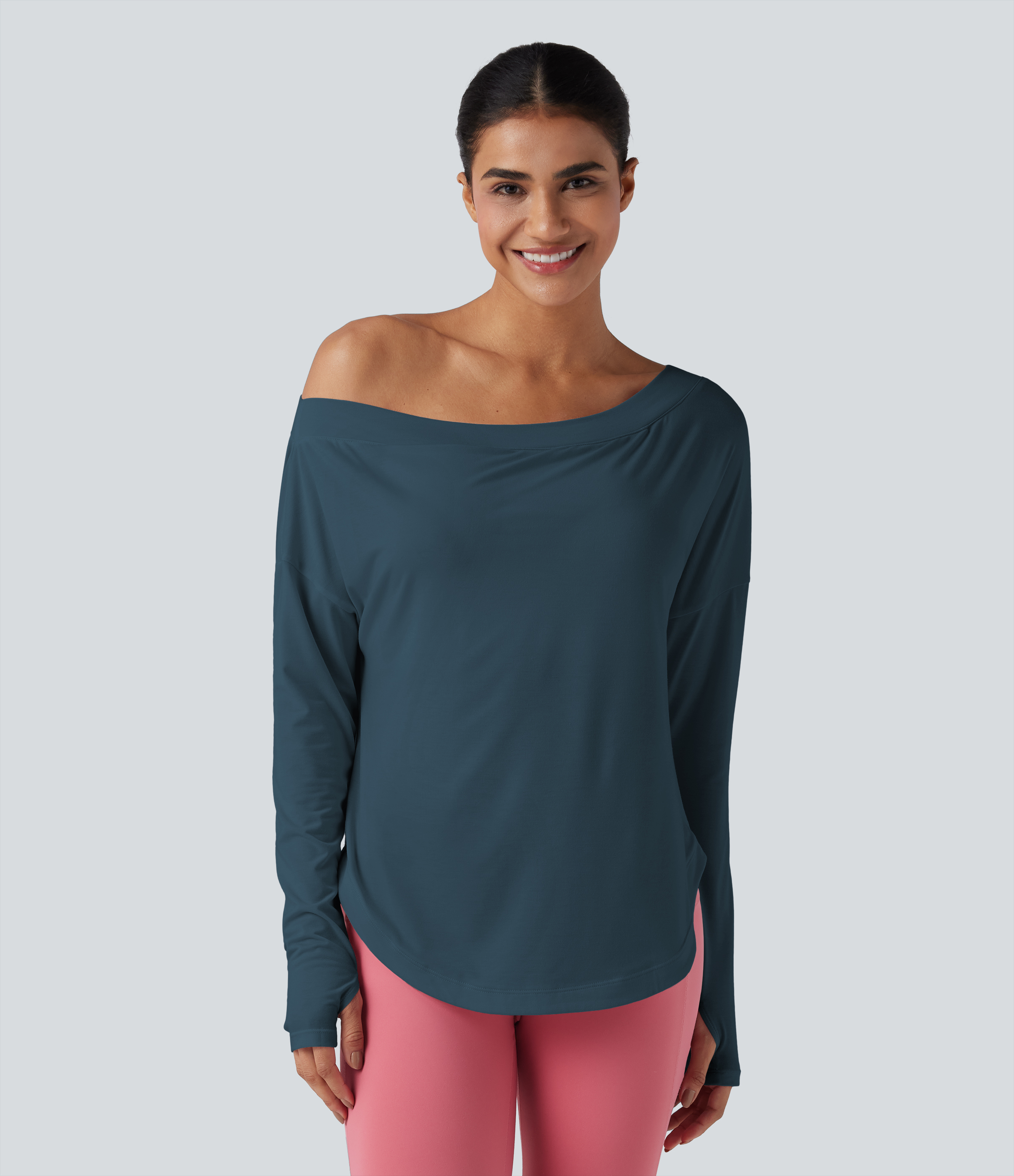 One Shoulder Long Sleeve Thumb Hole Curved Hem High Low Quick Dry Yoga Sports Top-Built-in Bra - Majolica Blue