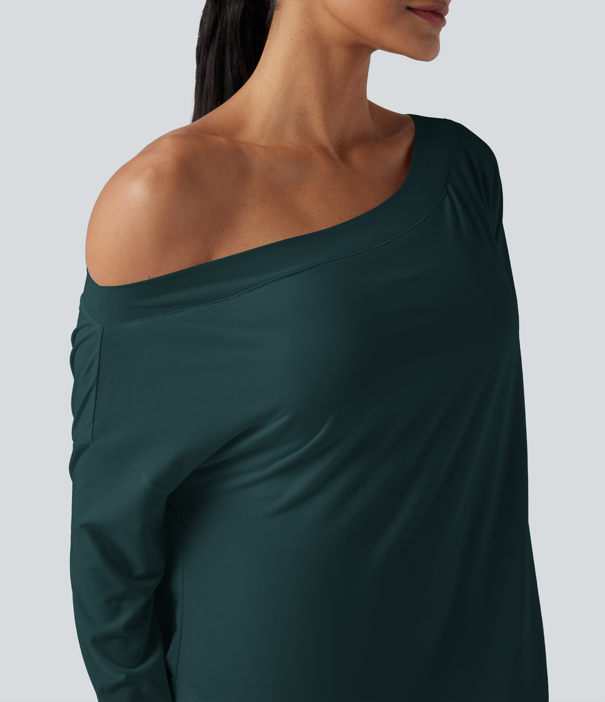 One Shoulder Long Sleeve Thumb Hole Curved Hem High Low Quick Dry Yoga Sports Top-Built-in Bra - Copper Green