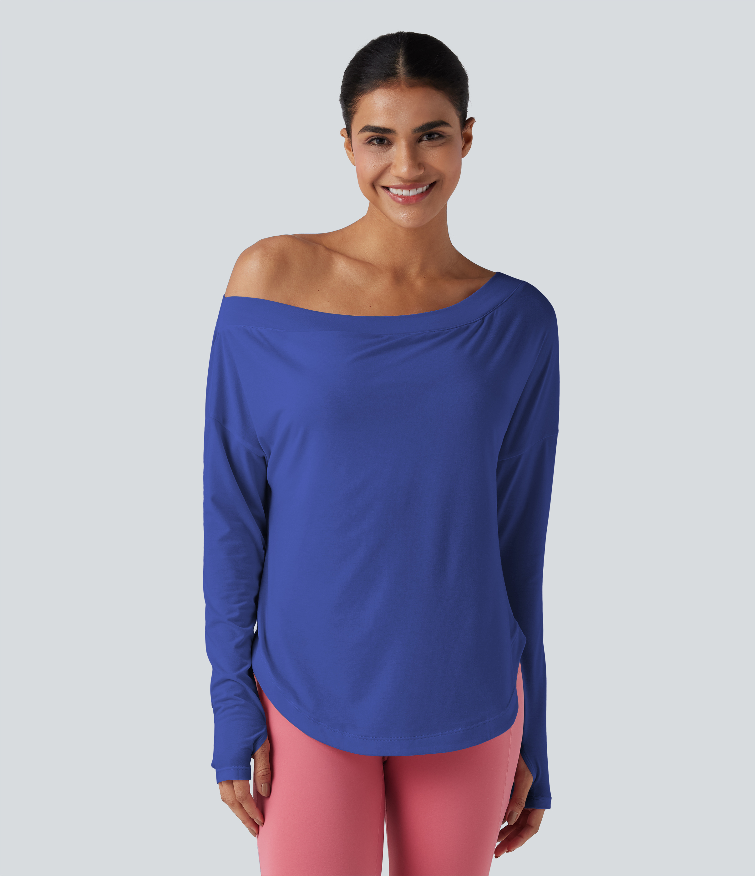 One Shoulder Long Sleeve Thumb Hole Curved Hem High Low Quick Dry Yoga Sports Top-Built-in Bra - Dazzling Blue