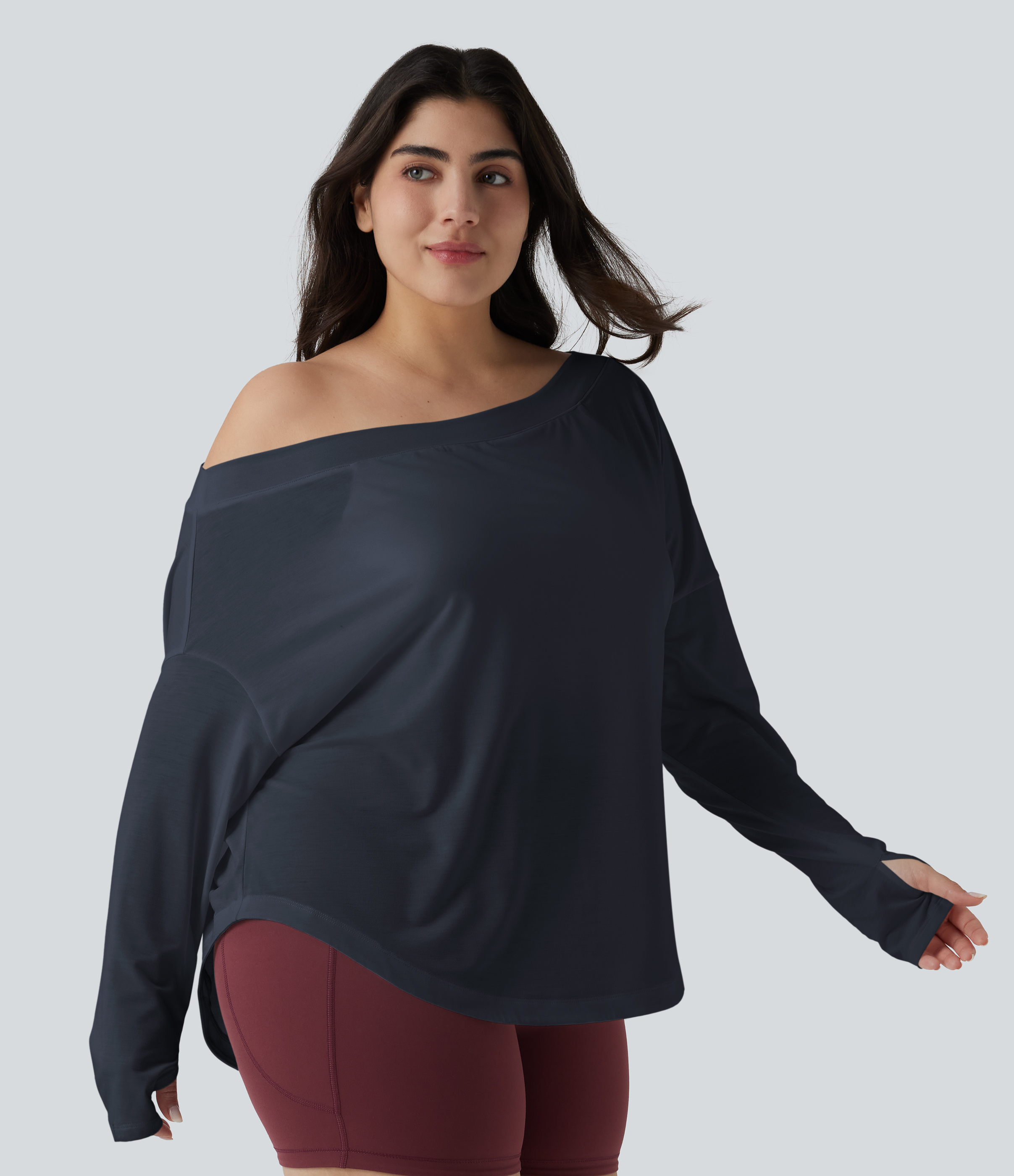 One Shoulder Long Sleeve Thumb Hole Curved Hem High Low Quick Dry Yoga Sports Top-Built-in Bra - Mood Indigo