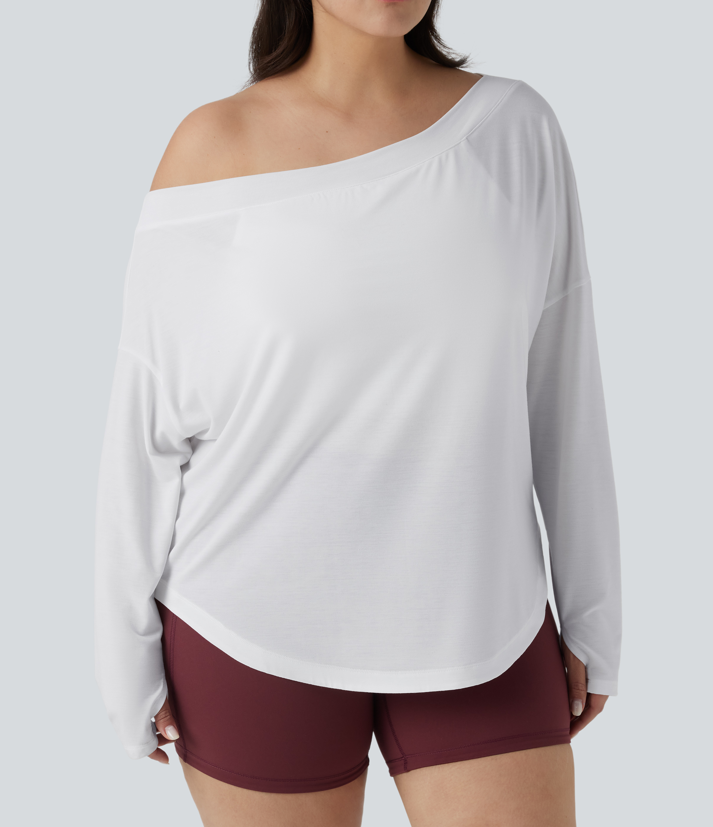One Shoulder Long Sleeve Thumb Hole Curved Hem High Low Quick Dry Yoga Sports Top-Built-in Bra - White