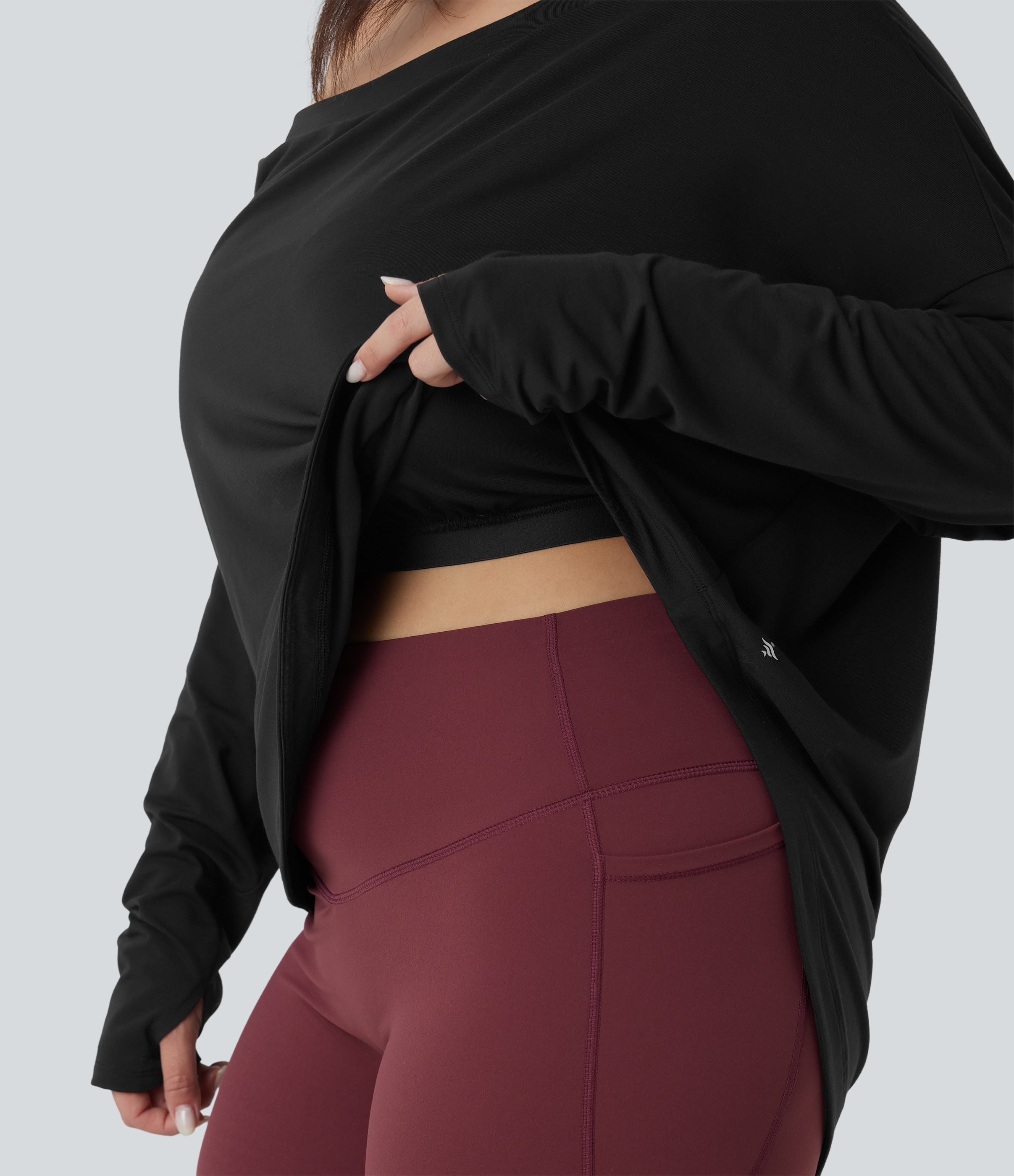 One Shoulder Long Sleeve Thumb Hole Curved Hem High Low Quick Dry Yoga Sports Top-Built-in Bra - Black