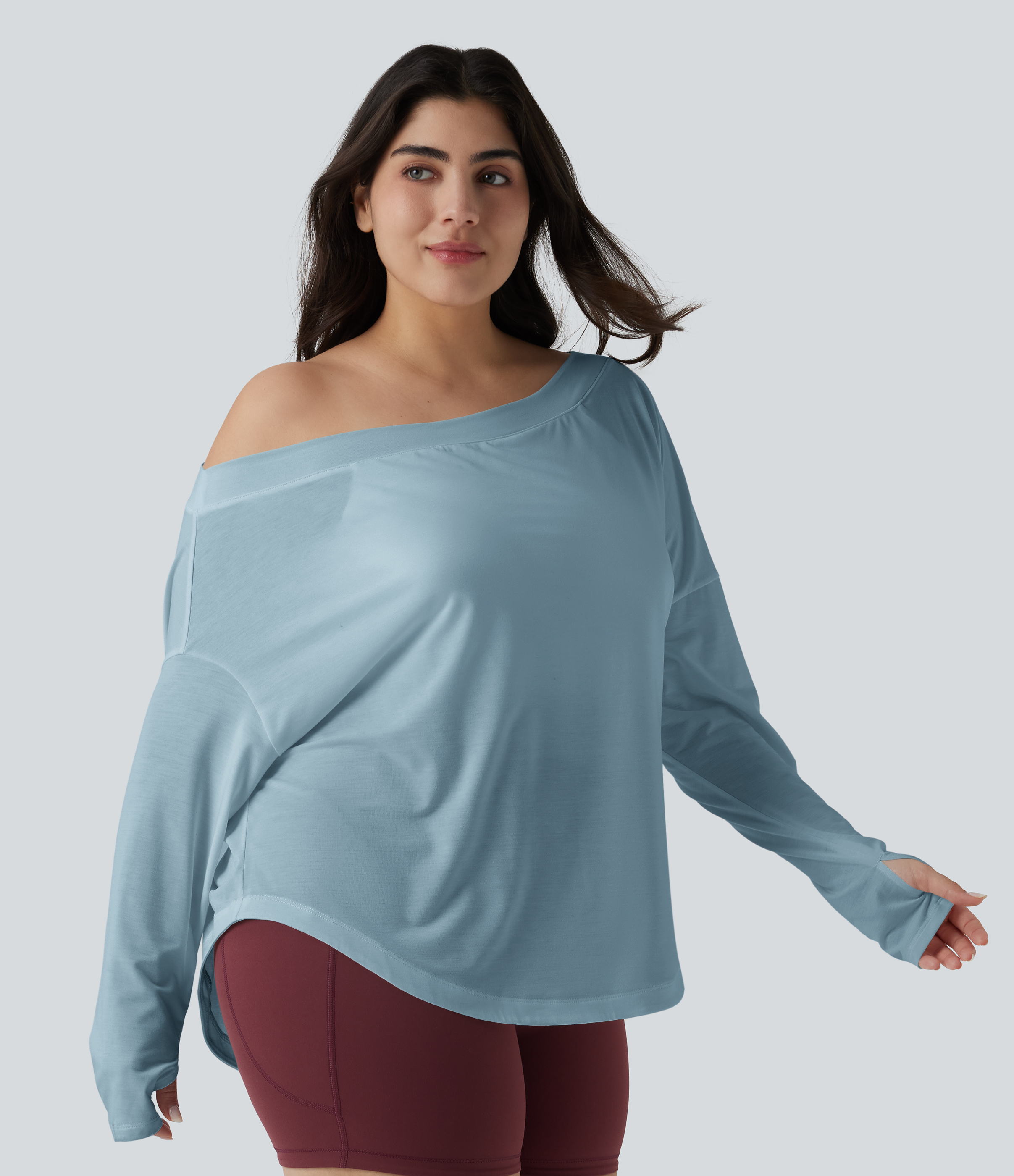 One Shoulder Long Sleeve Thumb Hole Curved Hem High Low Quick Dry Yoga Sports Top-Built-in Bra - Angel Falls