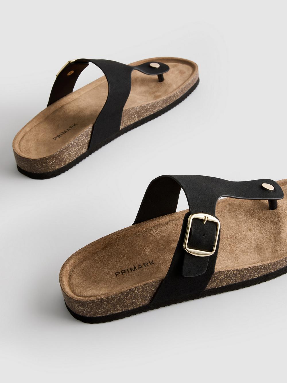 T-Bar Buckle Toe Post Sandals - Black