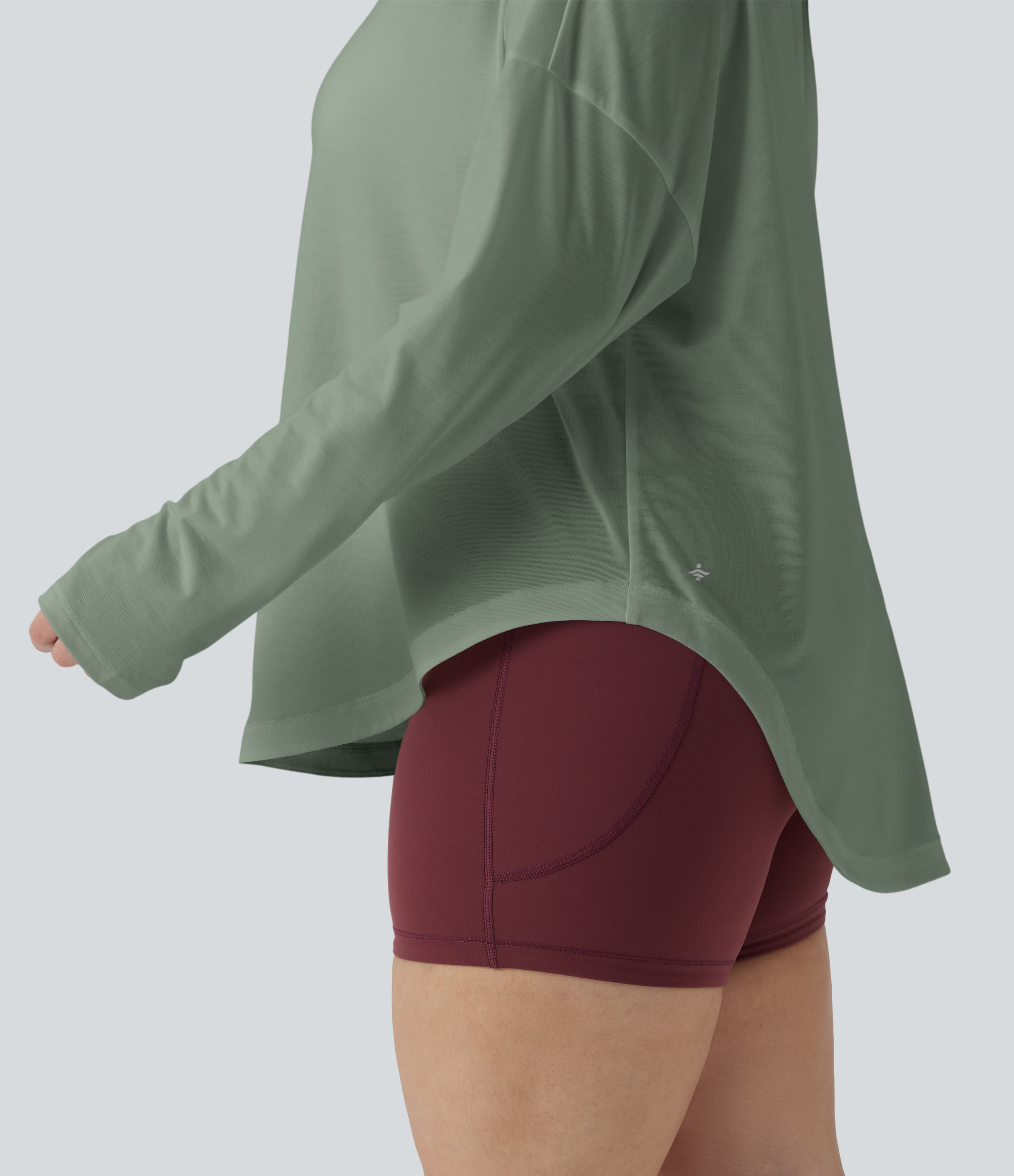 One Shoulder Long Sleeve Thumb Hole Curved Hem High Low Quick Dry Yoga Sports Top-Built-in Bra - Iceberg Green