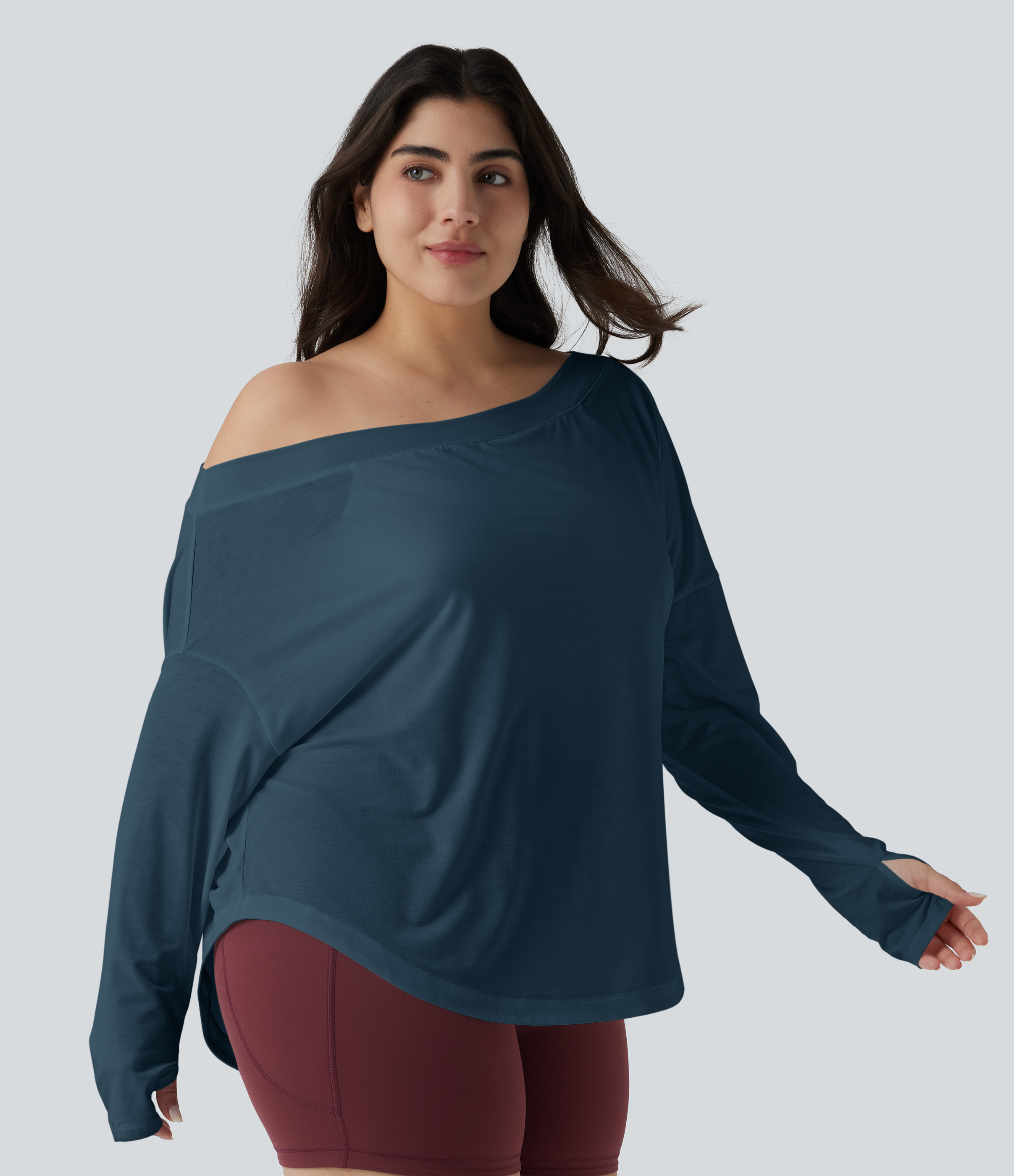 One Shoulder Long Sleeve Thumb Hole Curved Hem High Low Quick Dry Yoga Sports Top-Built-in Bra - Majolica Blue