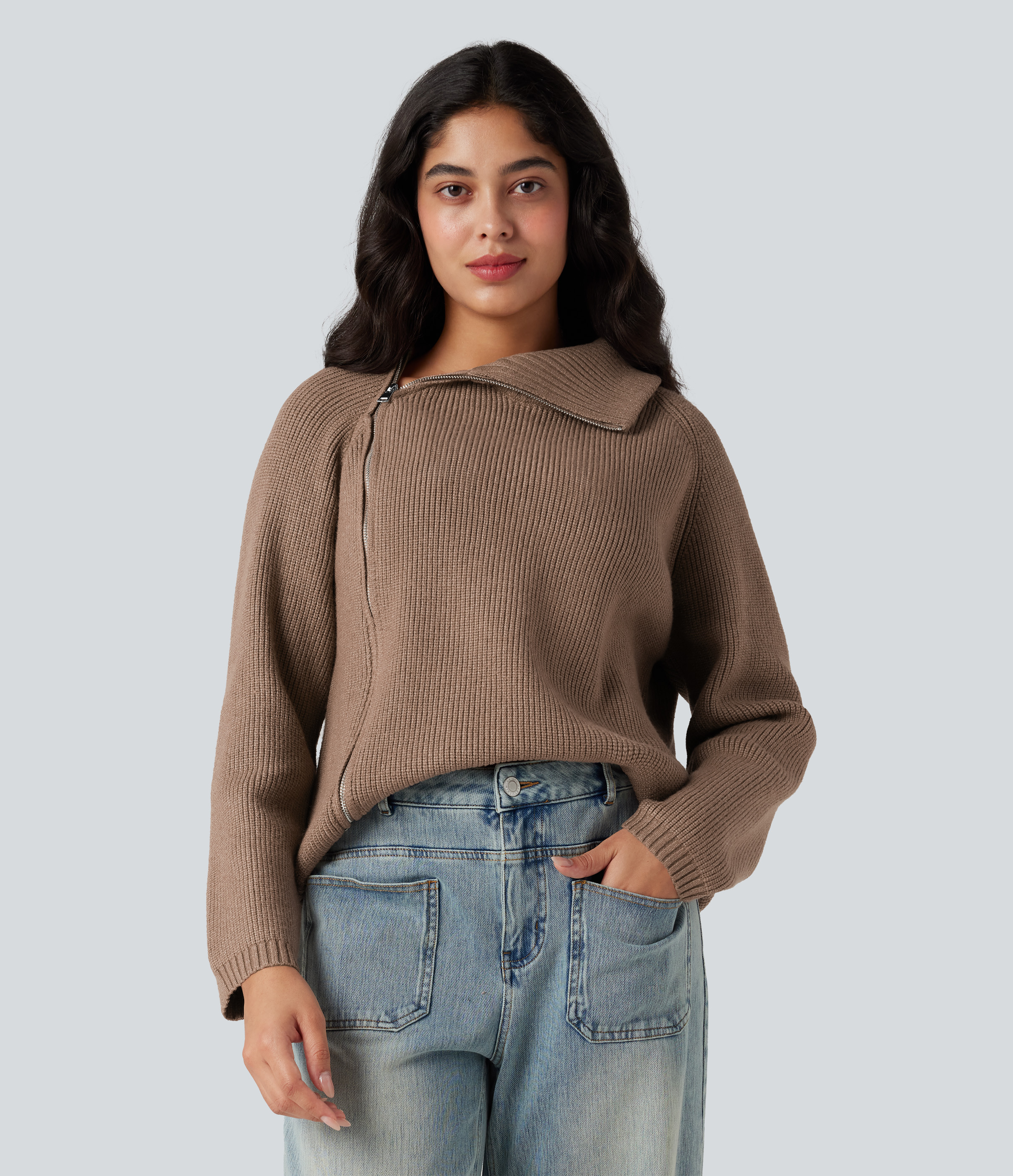 Asymmetric Neck Long Sleeve Casual Sweater