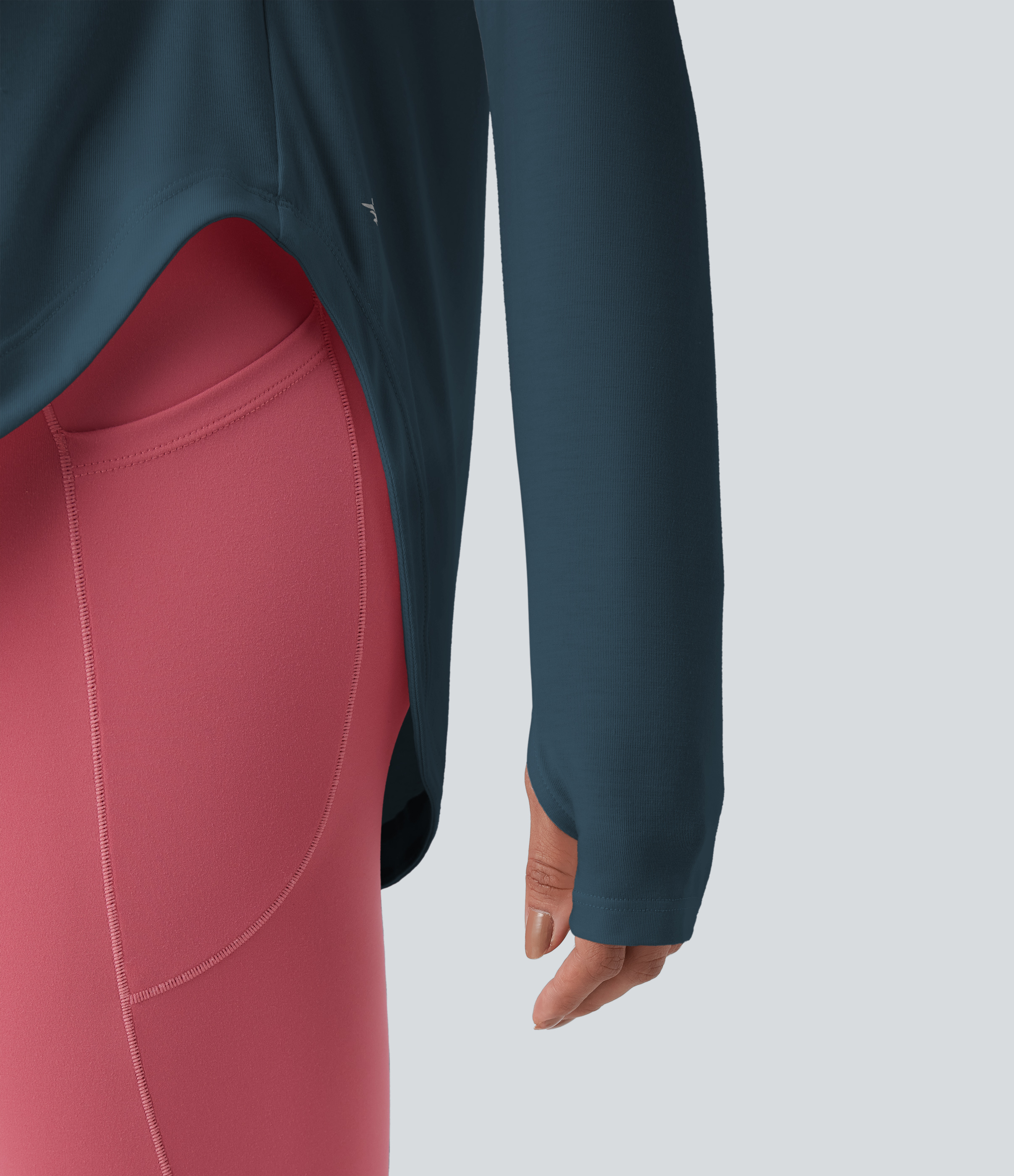 One Shoulder Long Sleeve Thumb Hole Curved Hem High Low Quick Dry Yoga Sports Top-Built-in Bra - Majolica Blue
