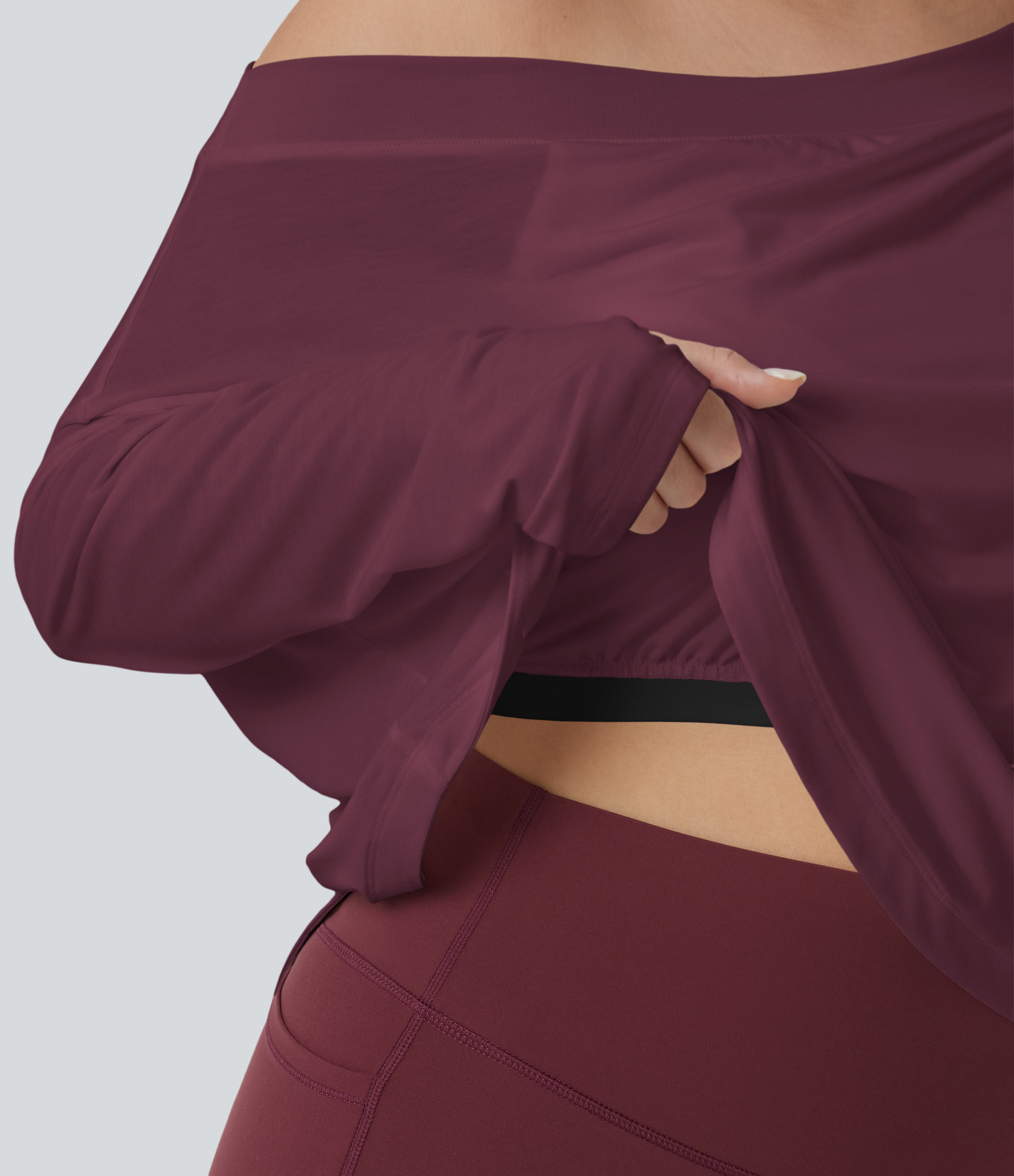 One Shoulder Long Sleeve Thumb Hole Curved Hem High Low Quick Dry Yoga Sports Top-Built-in Bra - Tibetan Red