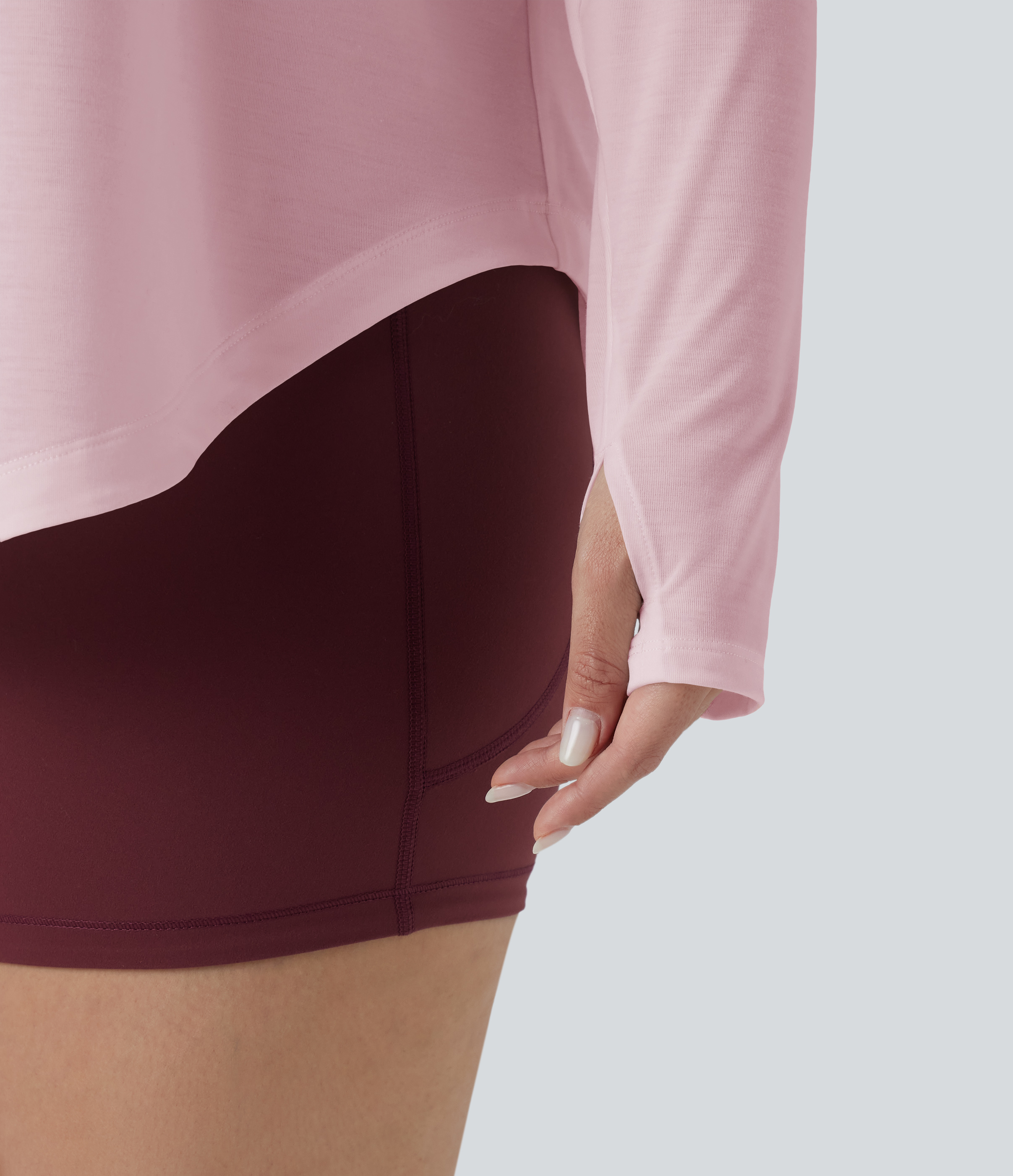 One Shoulder Long Sleeve Thumb Hole Curved Hem High Low Quick Dry Yoga Sports Top-Built-in Bra - Pale Lilac