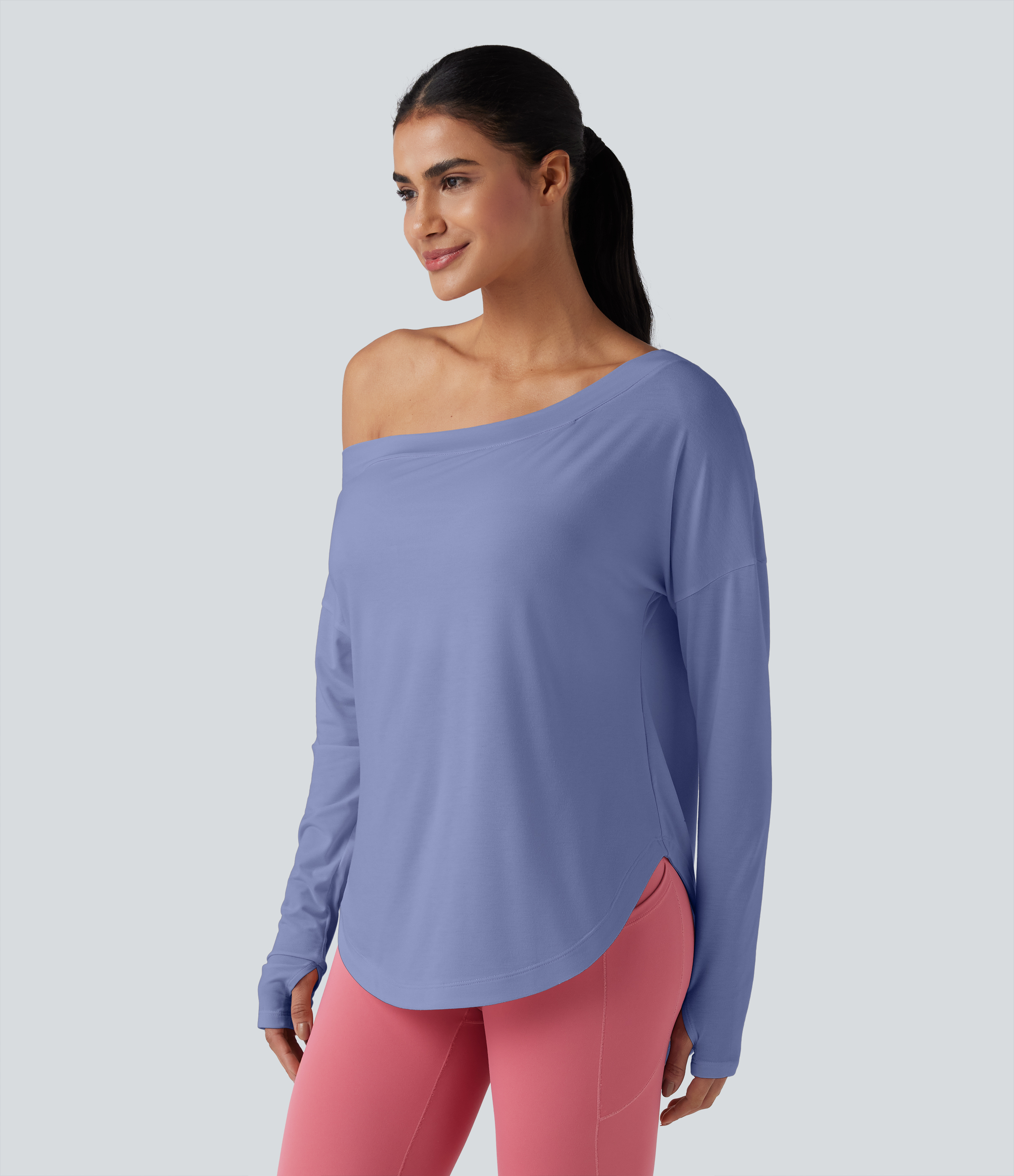 One Shoulder Long Sleeve Thumb Hole Curved Hem High Low Quick Dry Yoga Sports Top-Built-in Bra - Purple Impression