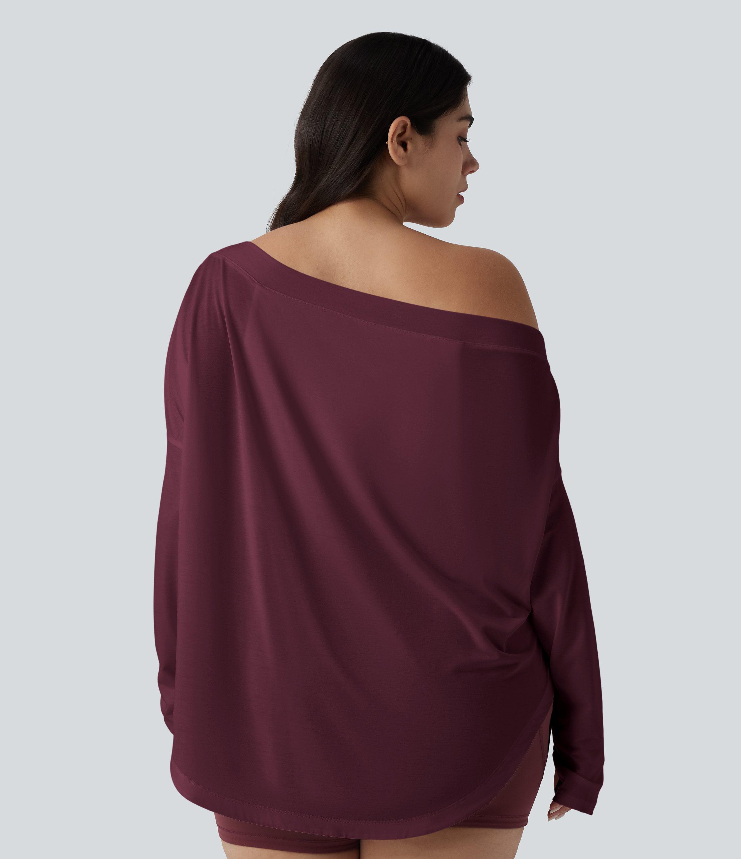 One Shoulder Long Sleeve Thumb Hole Curved Hem High Low Quick Dry Yoga Sports Top-Built-in Bra - Tibetan Red