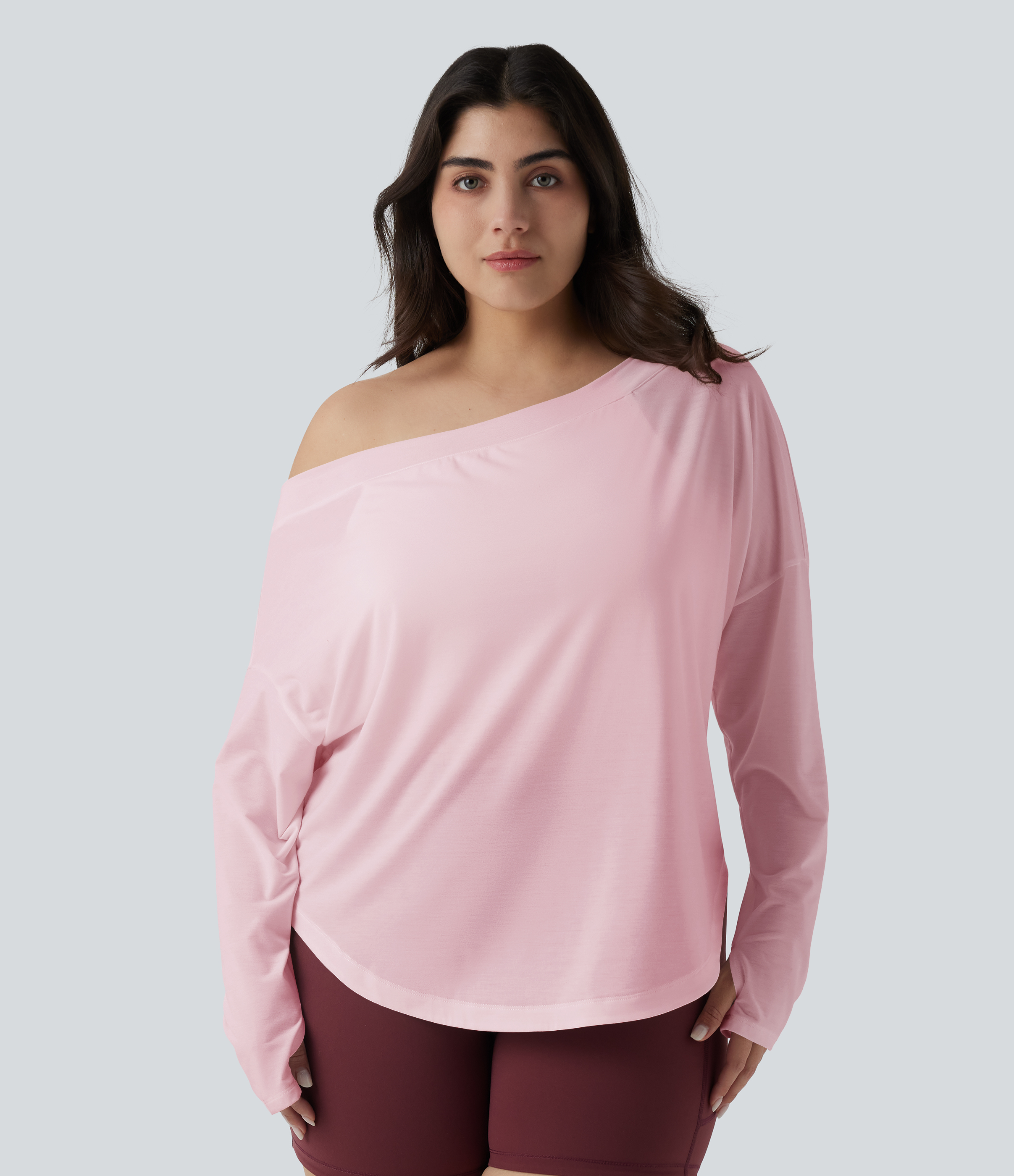 One Shoulder Long Sleeve Thumb Hole Curved Hem High Low Quick Dry Yoga Sports Top-Built-in Bra - Pale Lilac