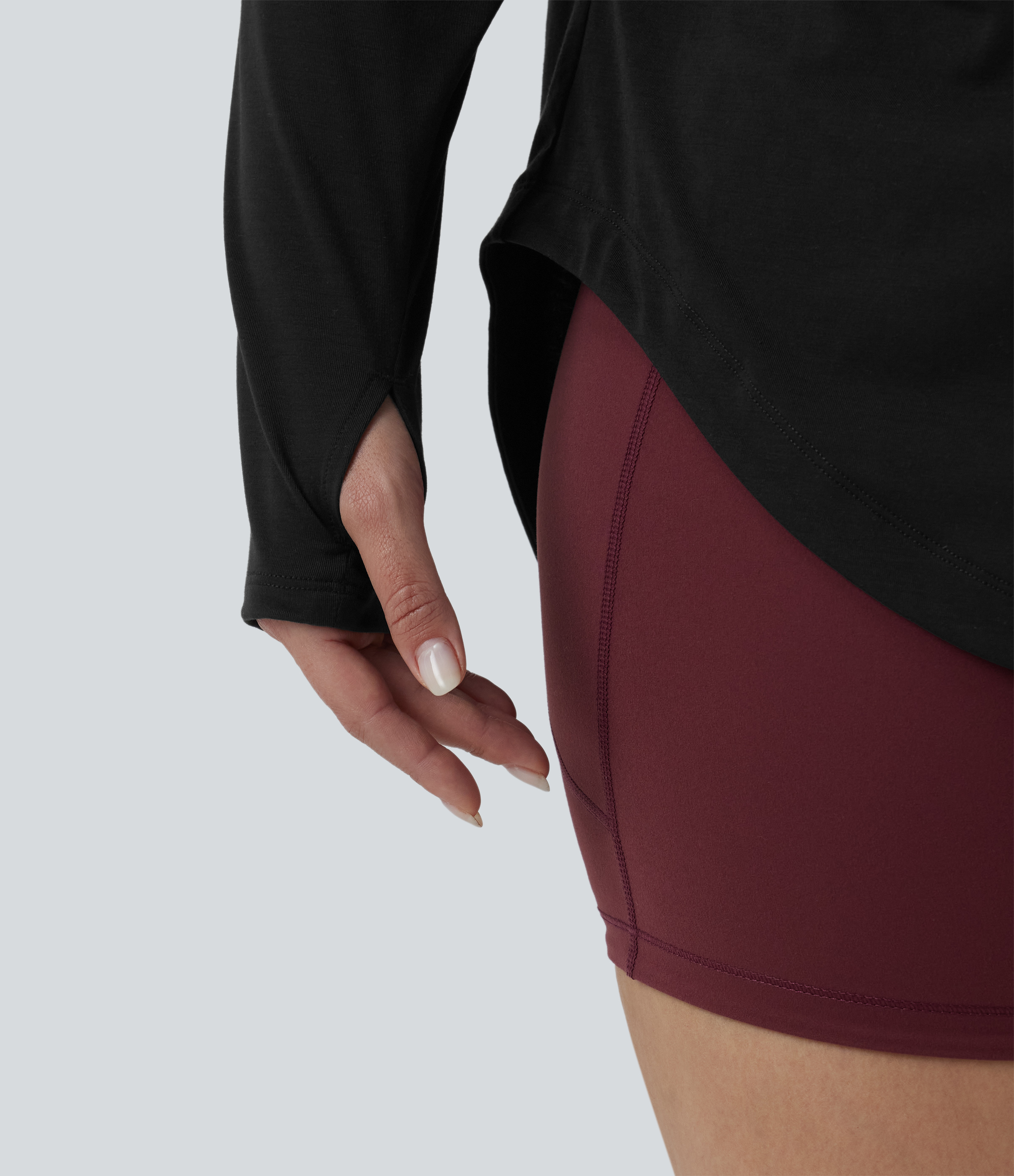 One Shoulder Long Sleeve Thumb Hole Curved Hem High Low Quick Dry Yoga Sports Top-Built-in Bra - Black