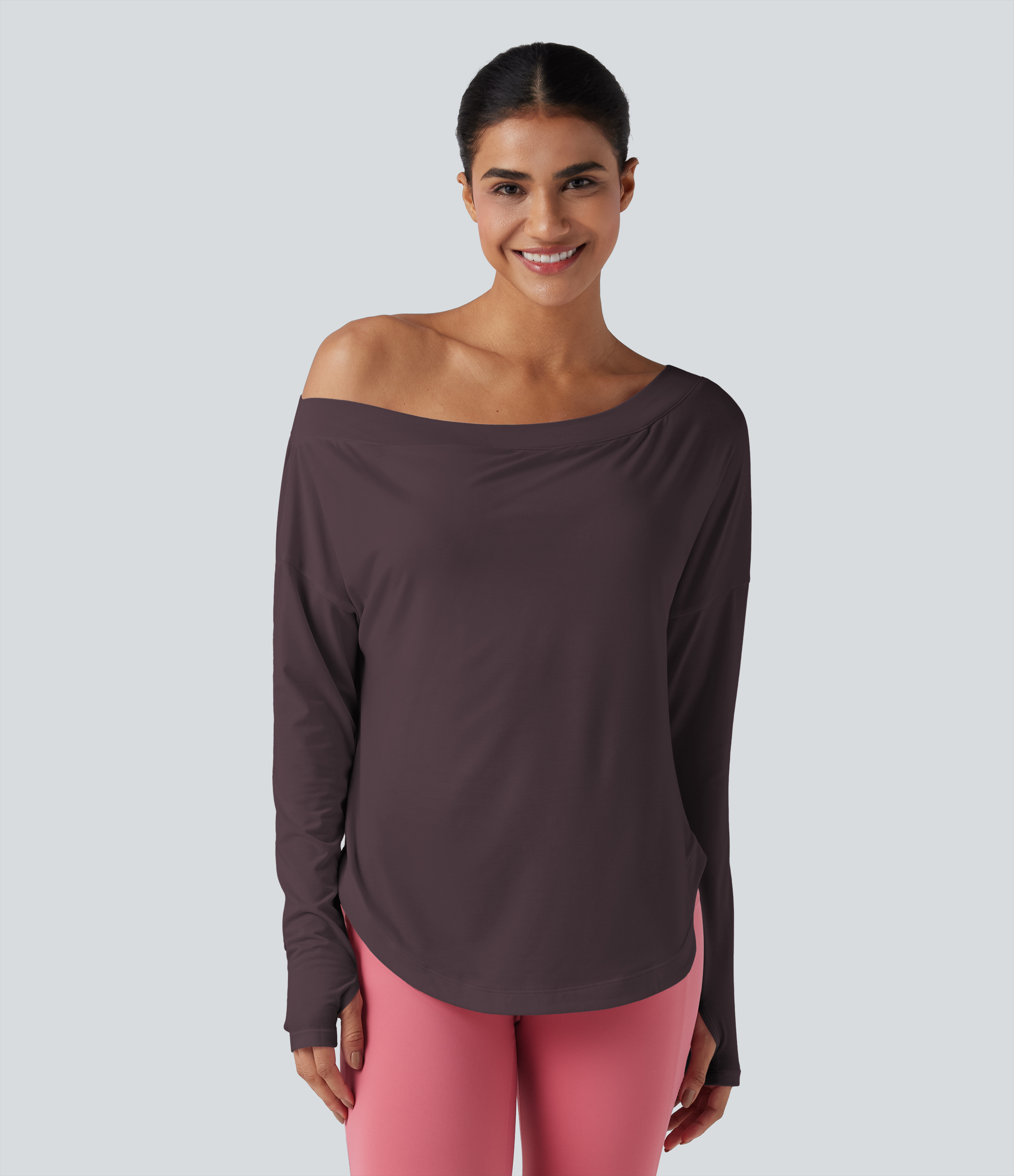 One Shoulder Long Sleeve Thumb Hole Curved Hem High Low Quick Dry Yoga Sports Top-Built-in Bra - Night's Purple