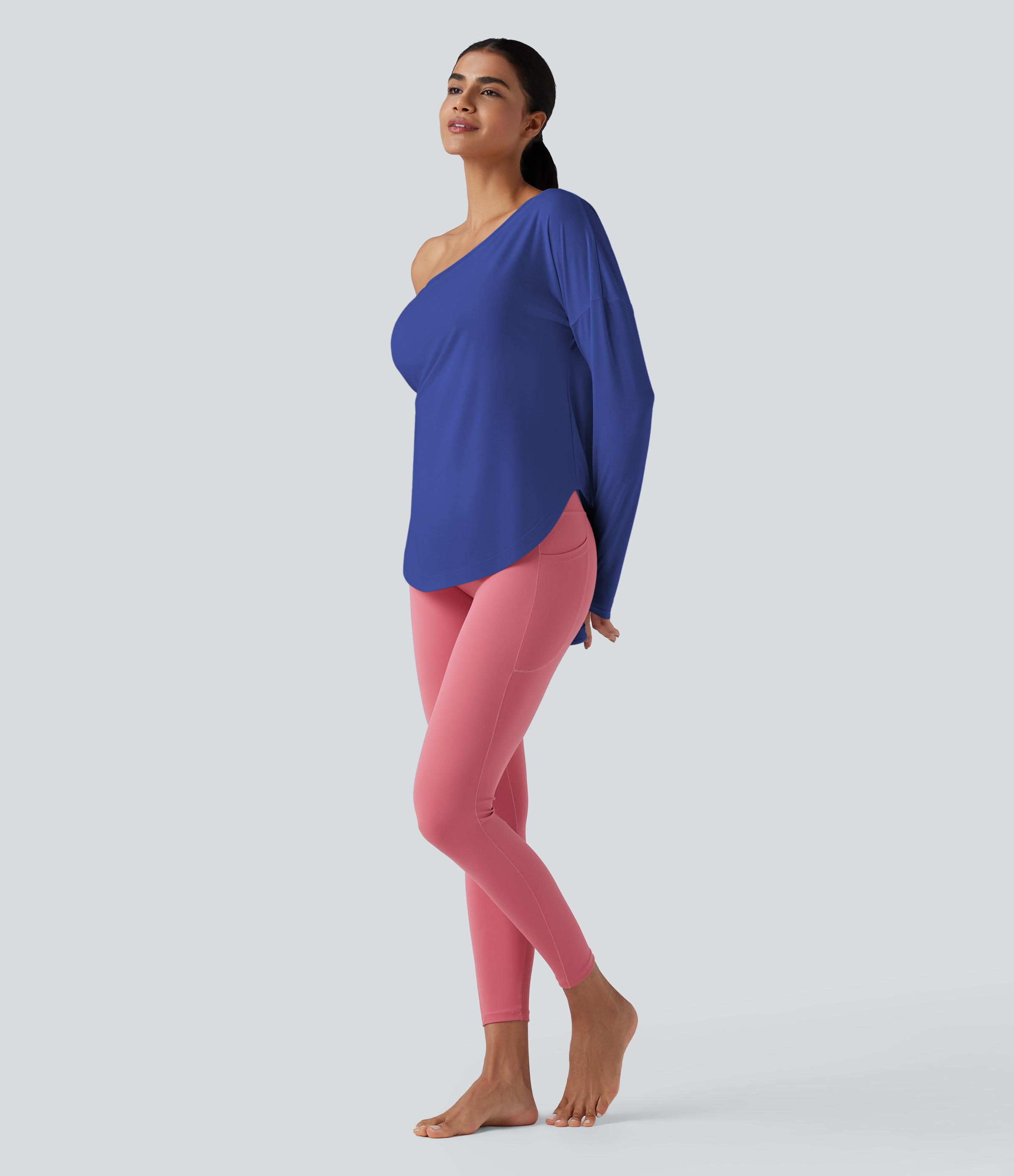 One Shoulder Long Sleeve Thumb Hole Curved Hem High Low Quick Dry Yoga Sports Top-Built-in Bra - Dazzling Blue