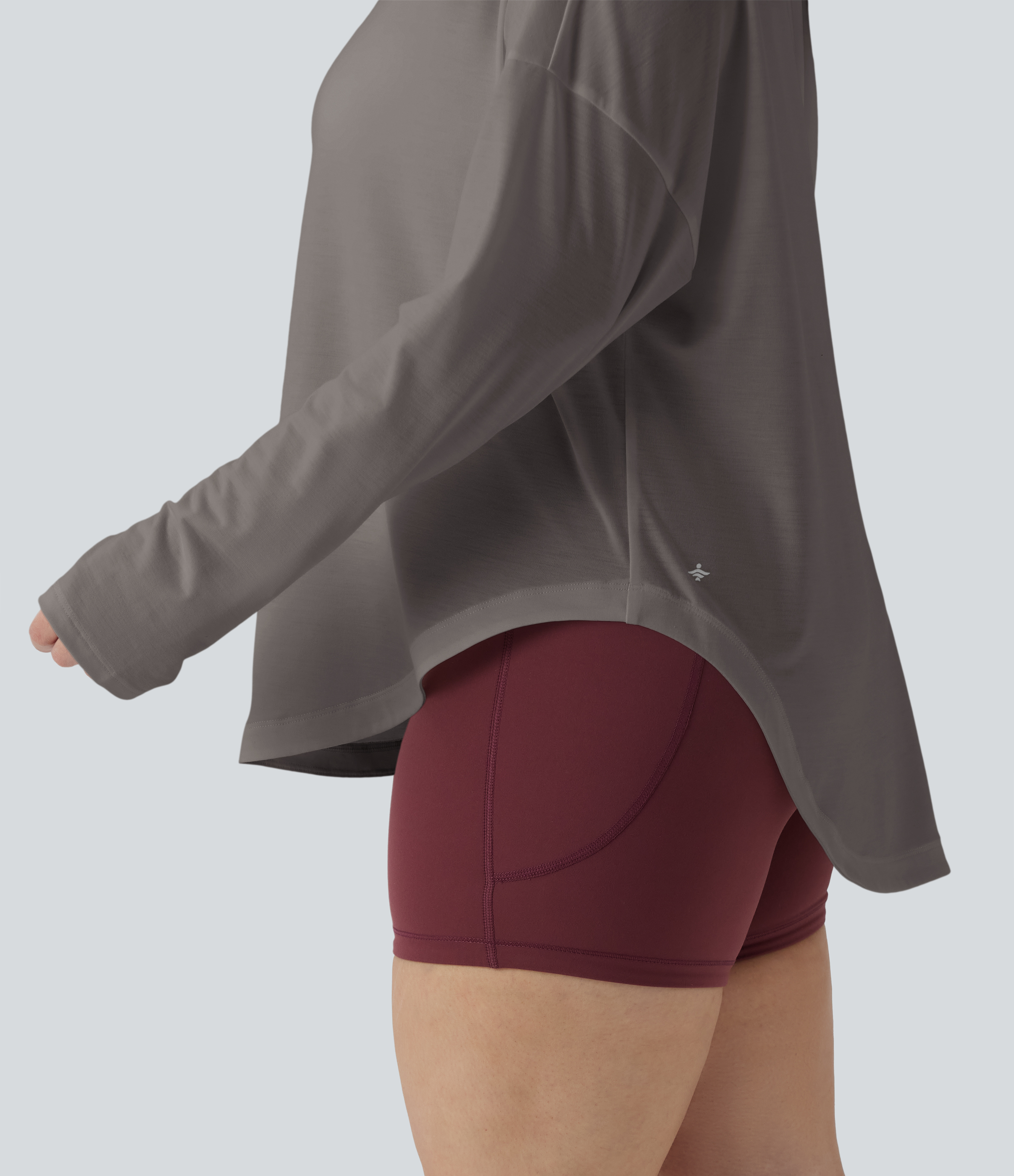 One Shoulder Long Sleeve Thumb Hole Curved Hem High Low Quick Dry Yoga Sports Top-Built-in Bra - Steel Gray