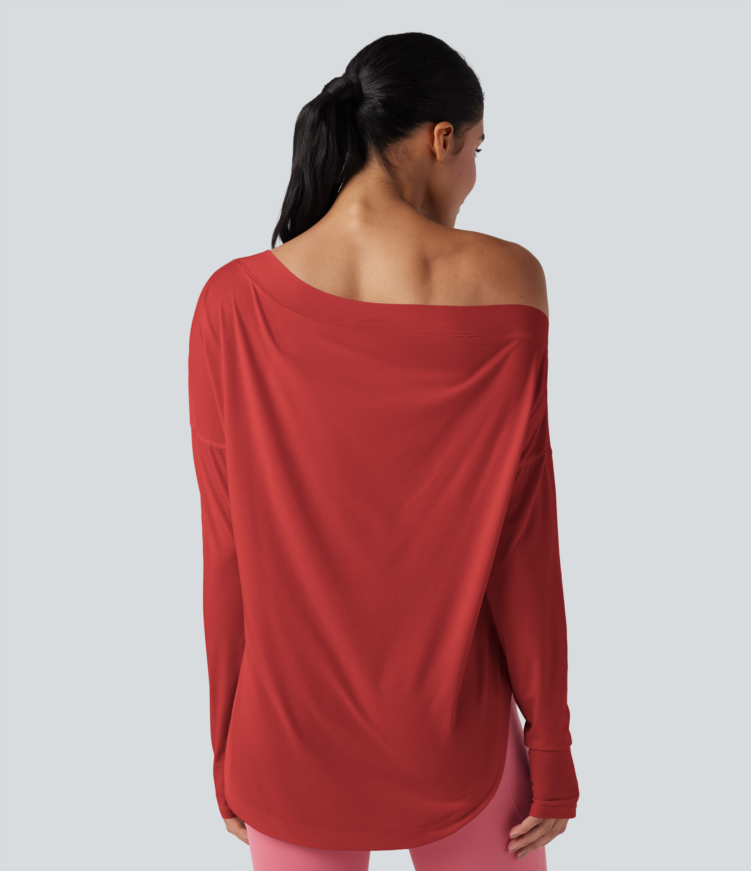 One Shoulder Long Sleeve Thumb Hole Curved Hem High Low Quick Dry Yoga Sports Top-Built-in Bra - Aura Orange