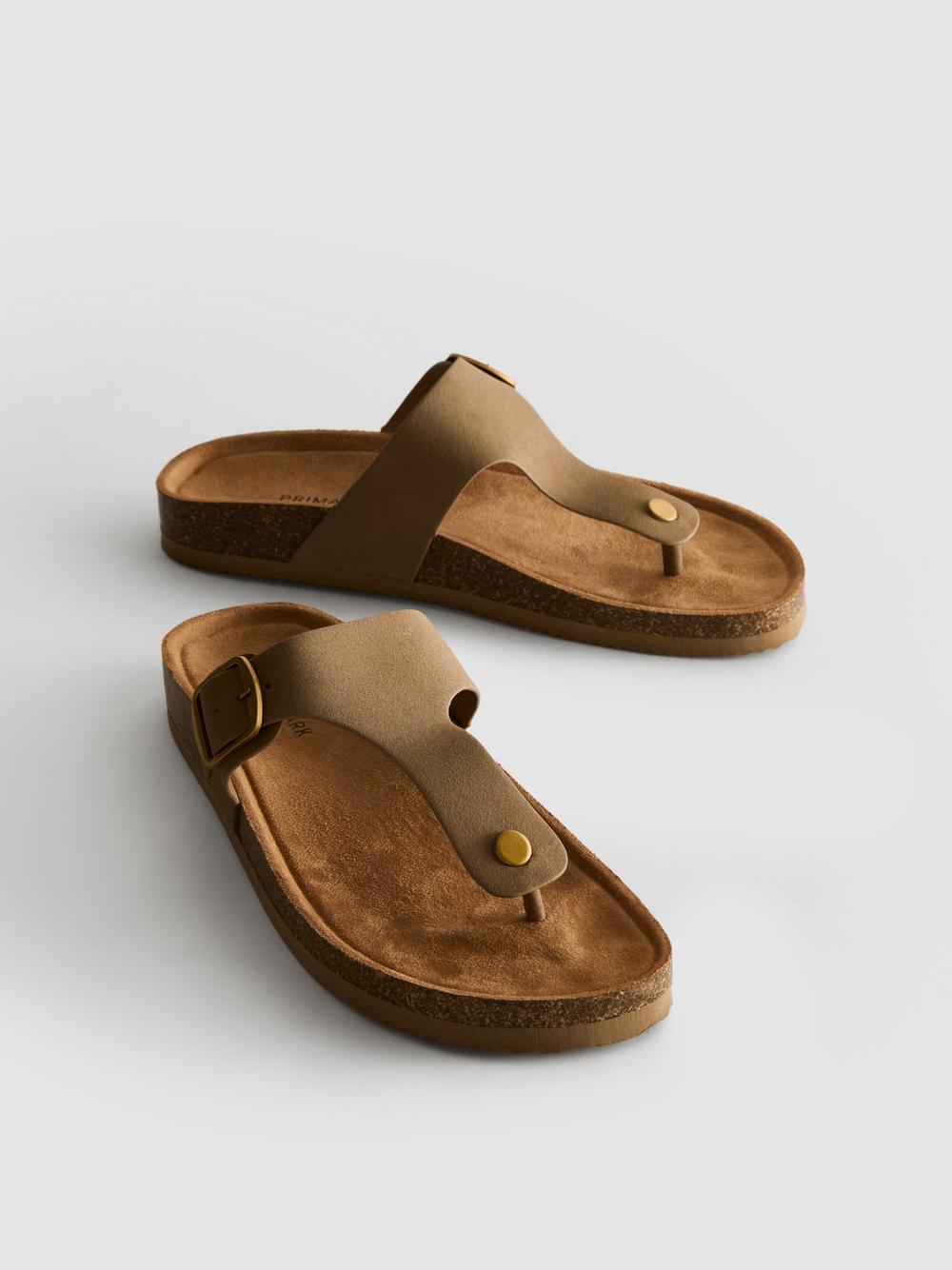 T-Bar Buckle Toe Post Sandals - Taupe