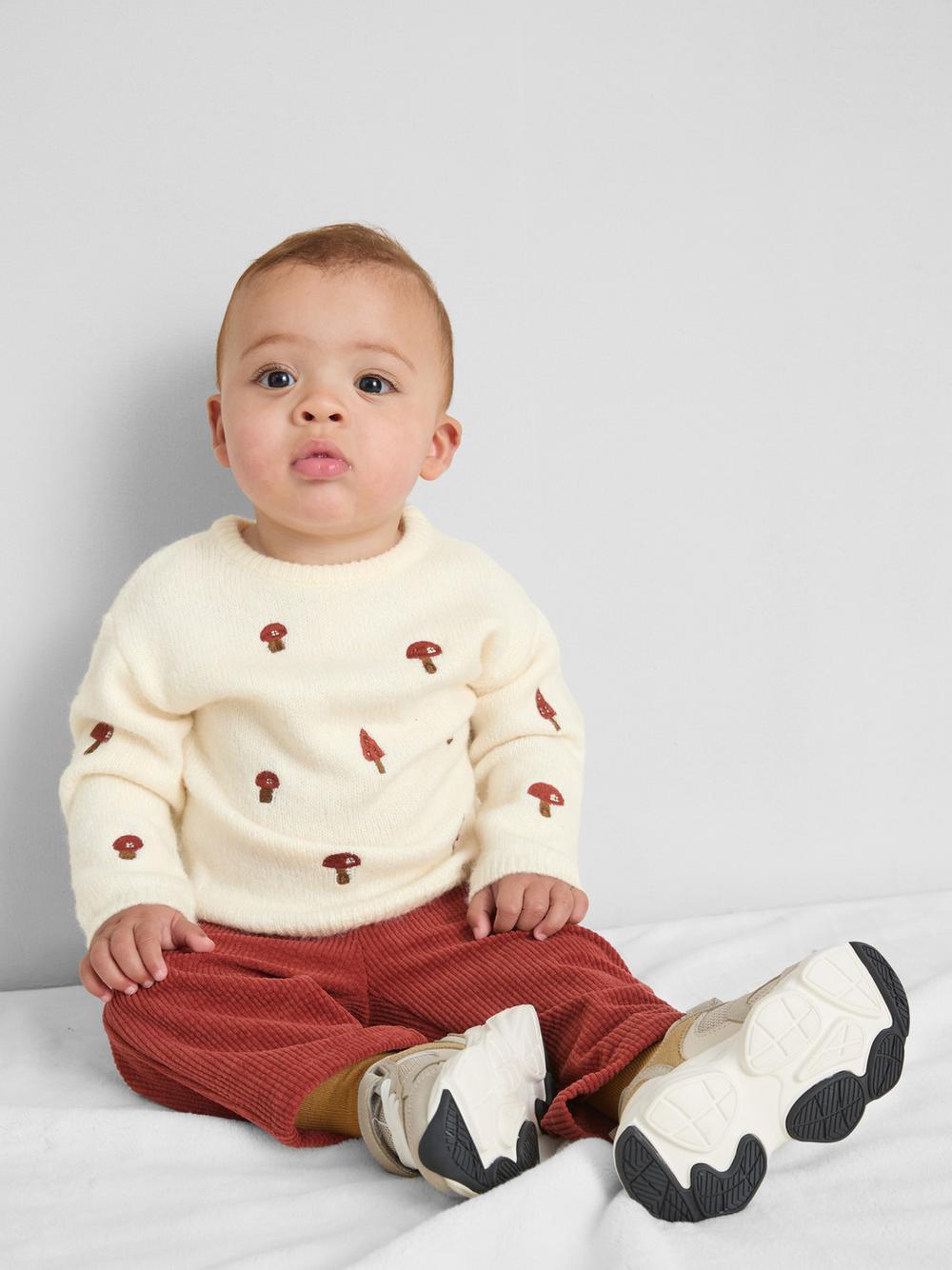 0-18mths | Embroidered Sweater and Pants Newborn Set - Cream