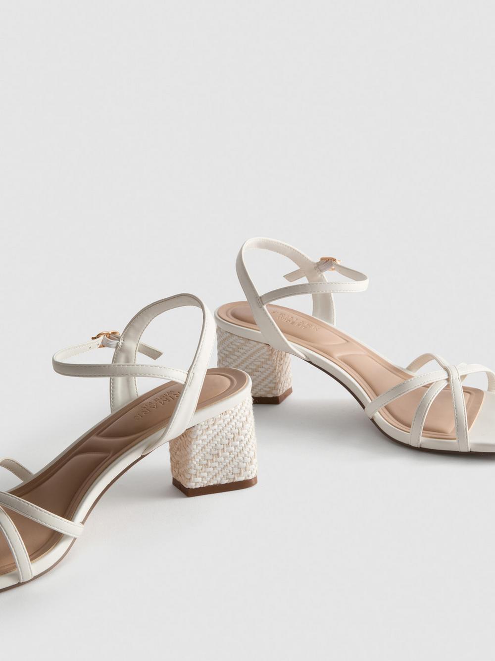 Strappy Woven Block Heel Sandals - White