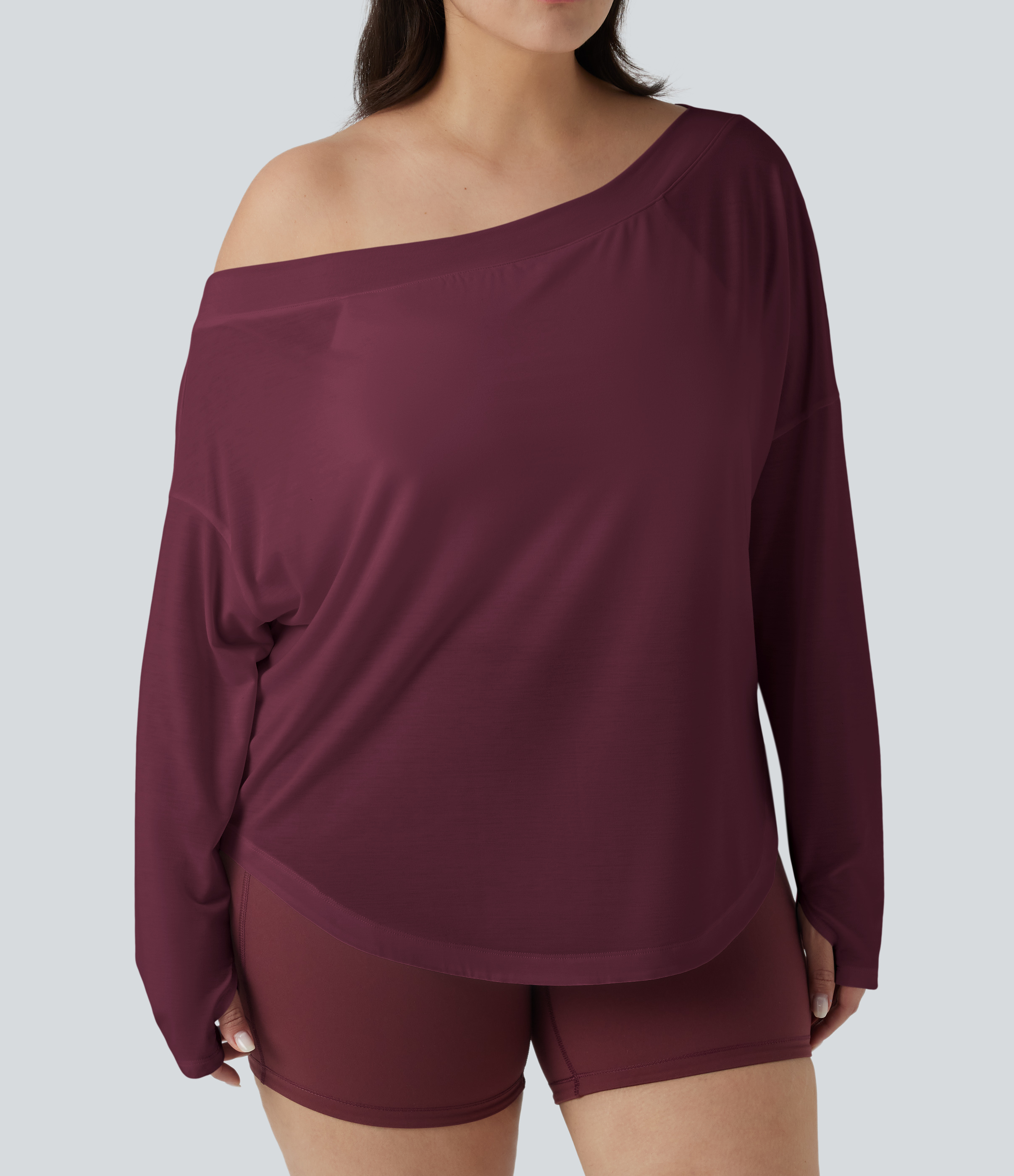 One Shoulder Long Sleeve Thumb Hole Curved Hem High Low Quick Dry Yoga Sports Top-Built-in Bra - Tibetan Red