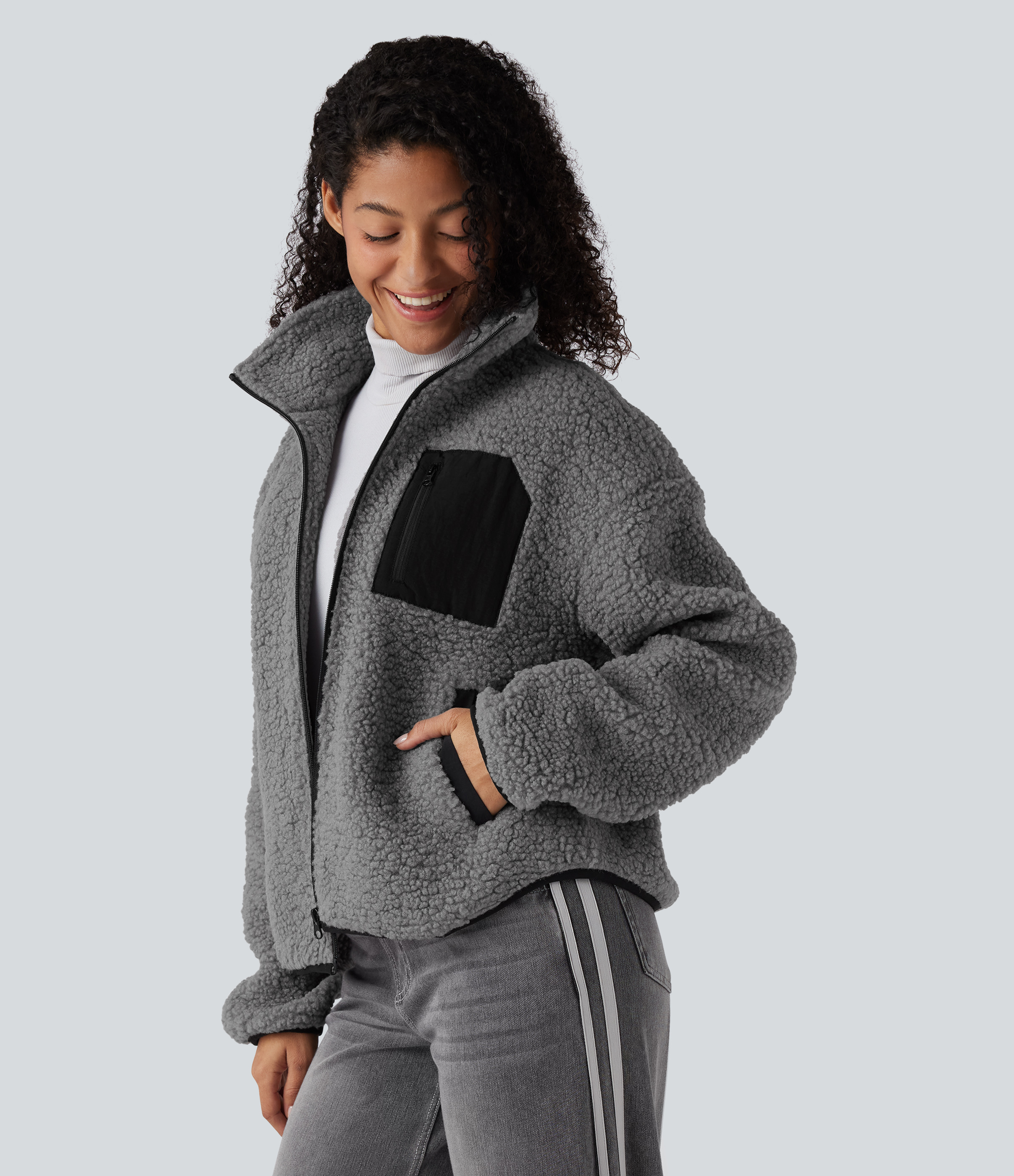 Turtleneck Long Sleeve Casual Sherpa Jacket with Pockets