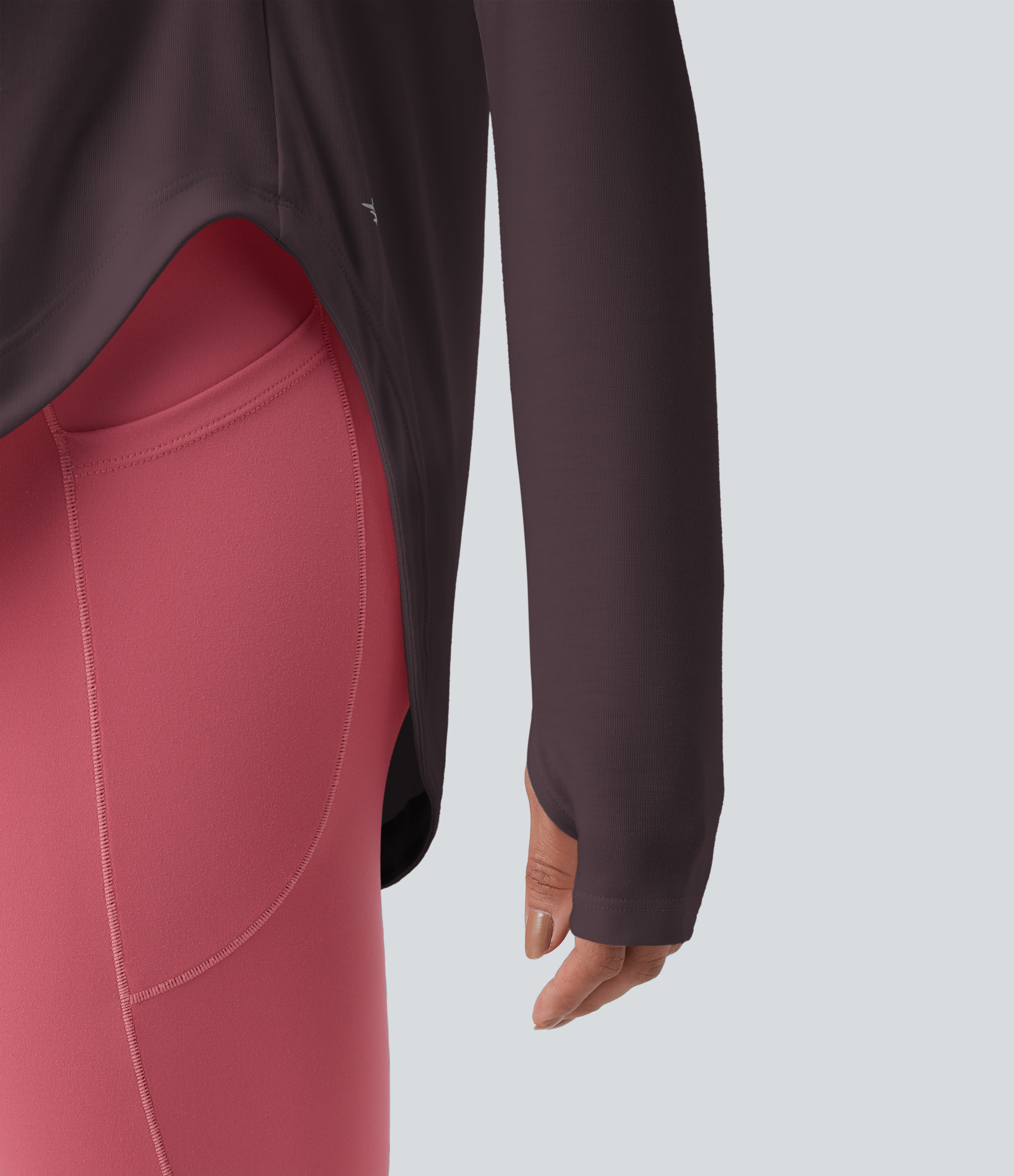 One Shoulder Long Sleeve Thumb Hole Curved Hem High Low Quick Dry Yoga Sports Top-Built-in Bra - Night's Purple