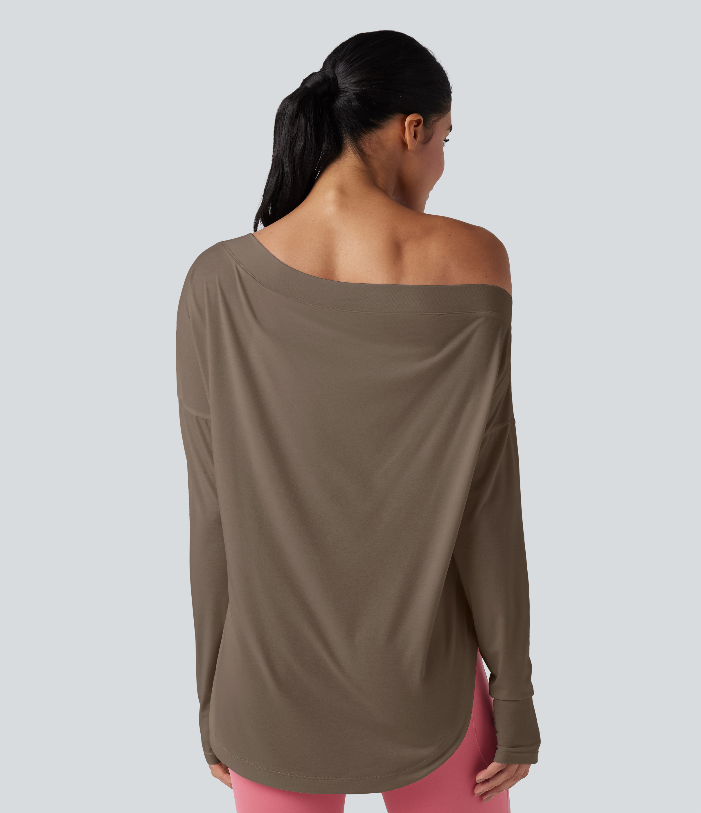 One Shoulder Long Sleeve Thumb Hole Curved Hem High Low Quick Dry Yoga Sports Top-Built-in Bra - Dawn Brown