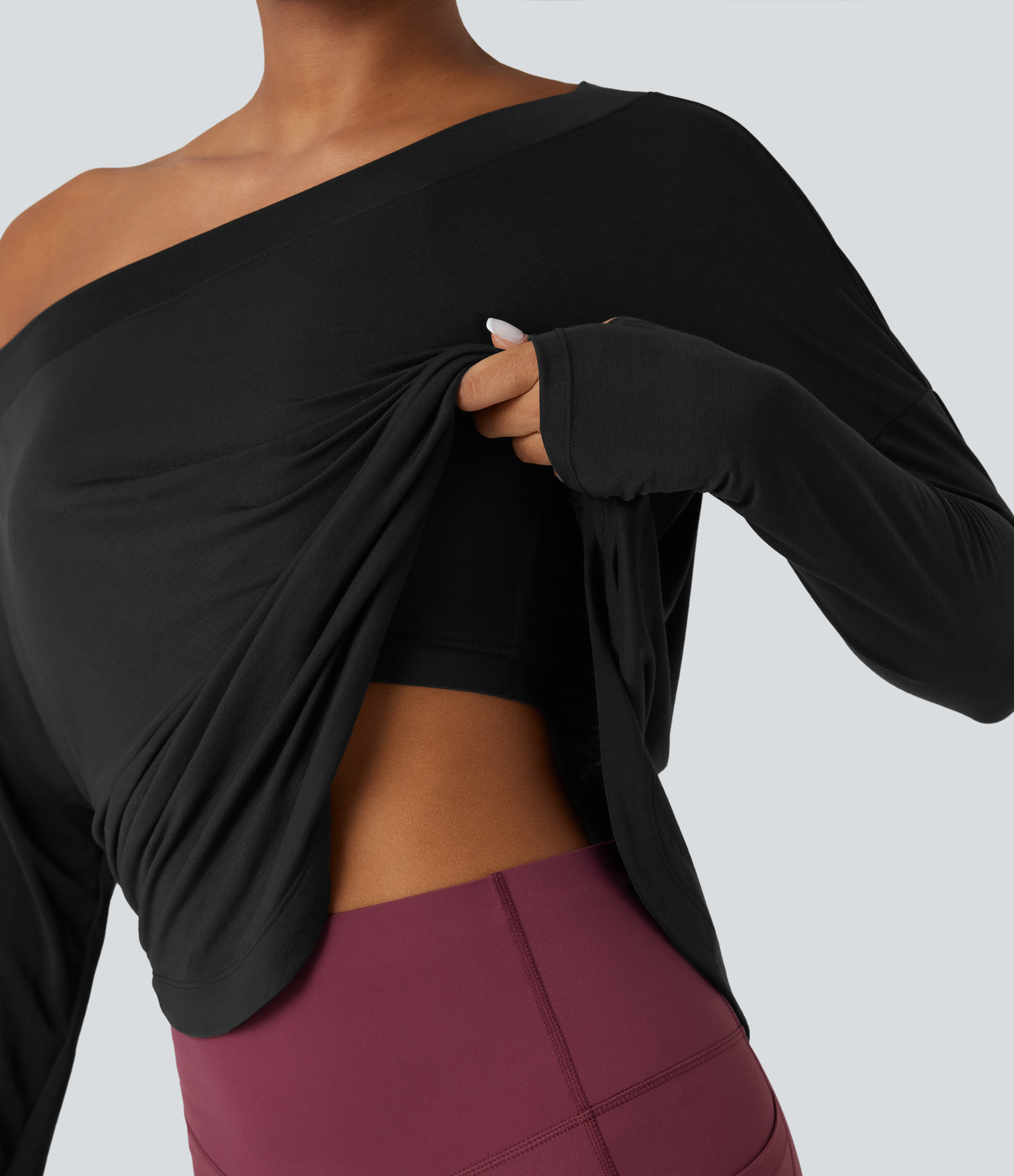 One Shoulder Long Sleeve Thumb Hole Curved Hem High Low Quick Dry Yoga Sports Top-Built-in Bra - Black