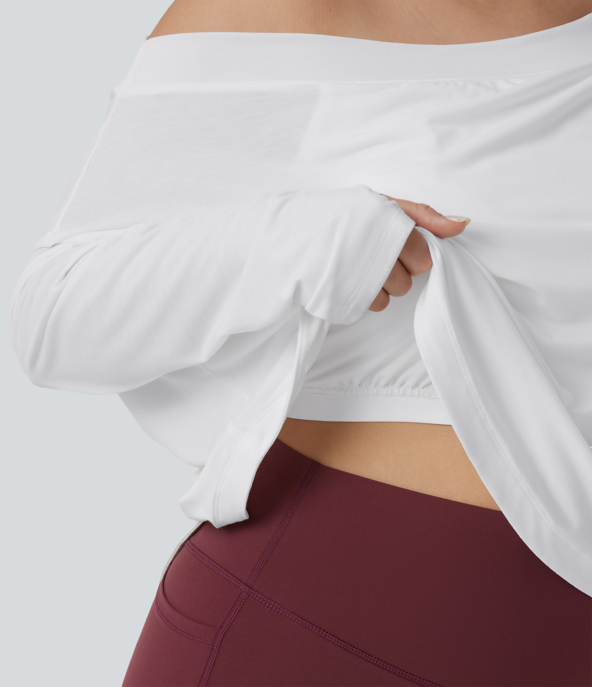 One Shoulder Long Sleeve Thumb Hole Curved Hem High Low Quick Dry Yoga Sports Top-Built-in Bra - White