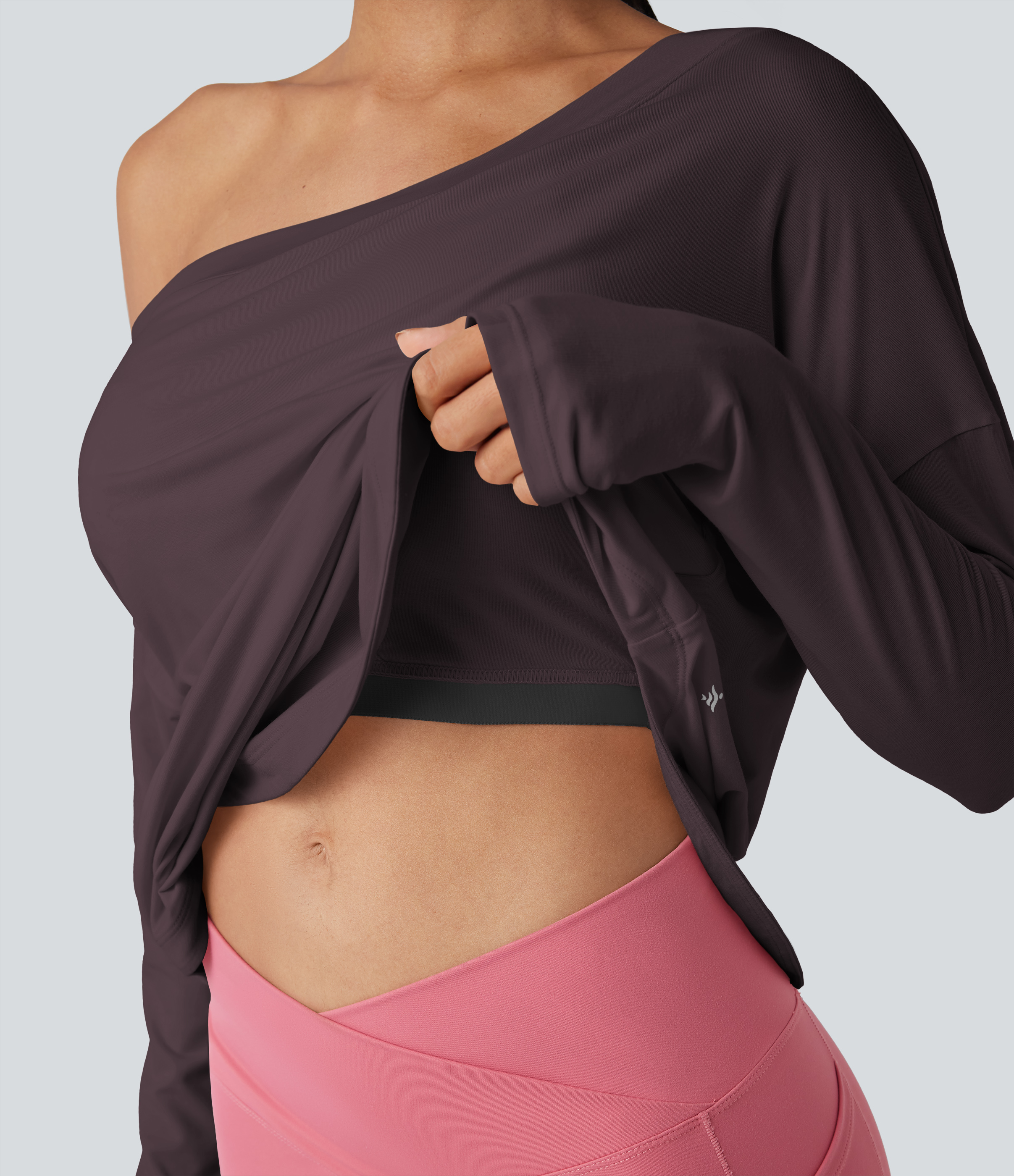One Shoulder Long Sleeve Thumb Hole Curved Hem High Low Quick Dry Yoga Sports Top-Built-in Bra - Night's Purple