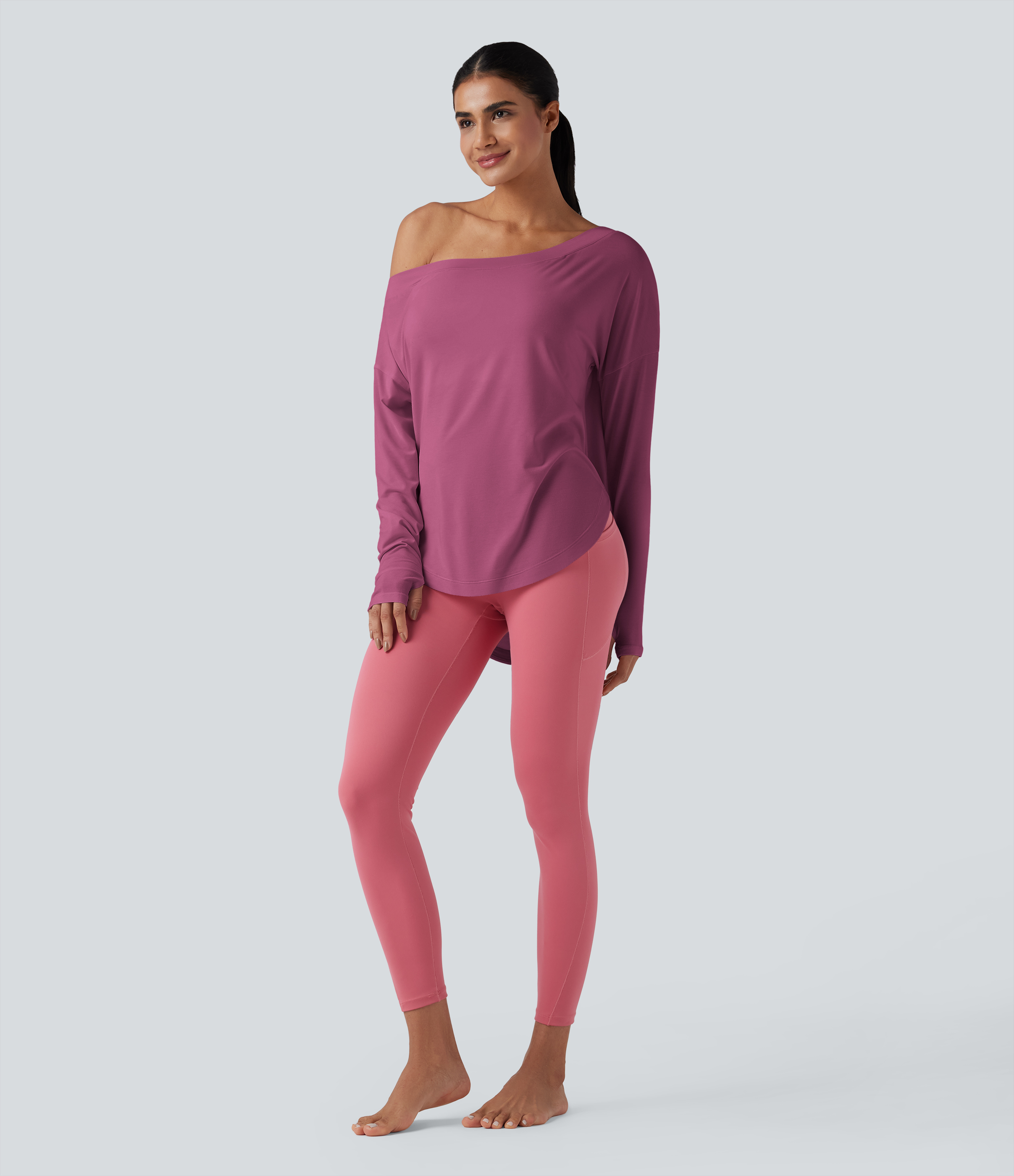 One Shoulder Long Sleeve Thumb Hole Curved Hem High Low Quick Dry Yoga Sports Top-Built-in Bra - Fuchsia Fedora