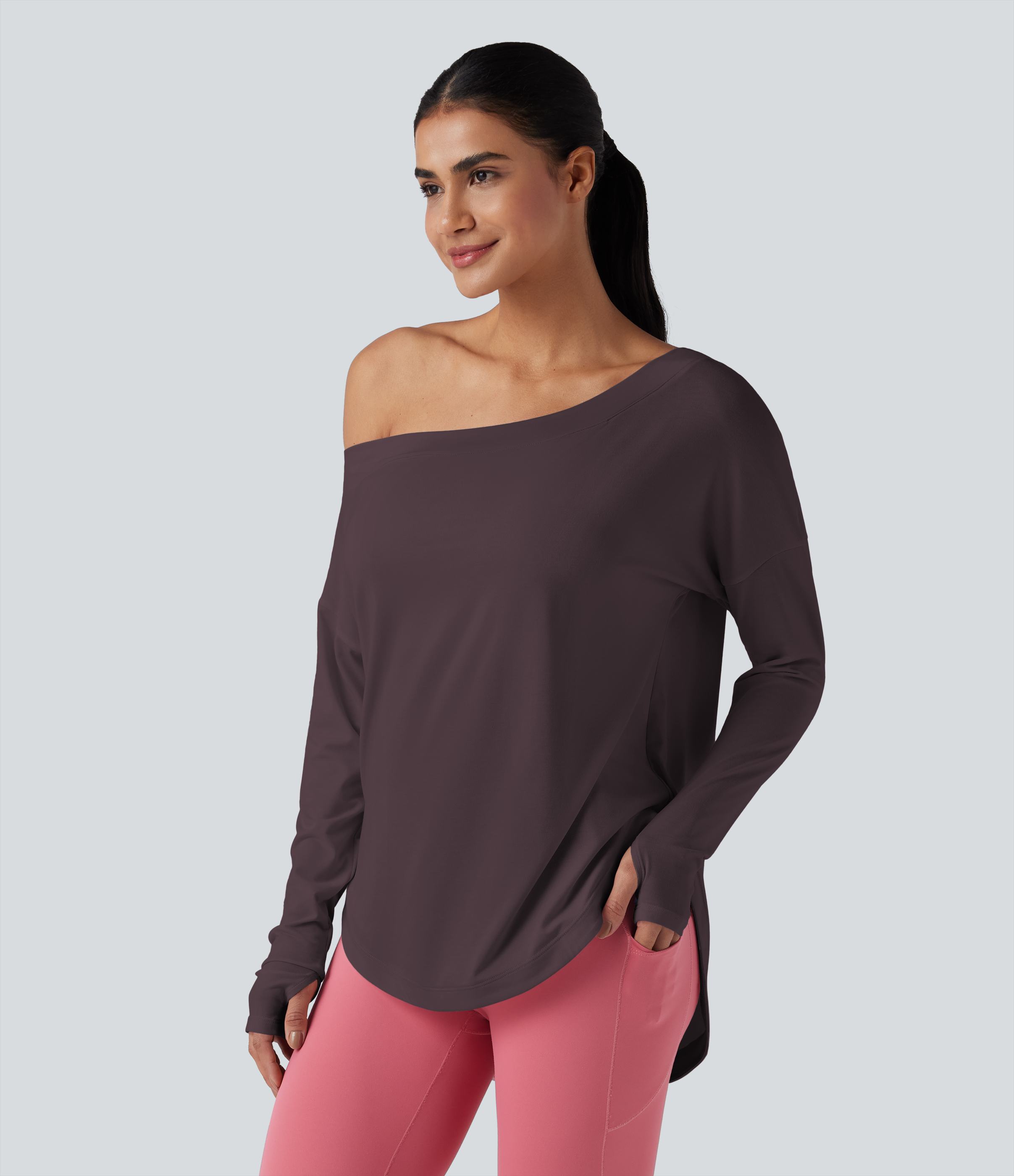 One Shoulder Long Sleeve Thumb Hole Curved Hem High Low Quick Dry Yoga Sports Top-Built-in Bra - Night's Purple