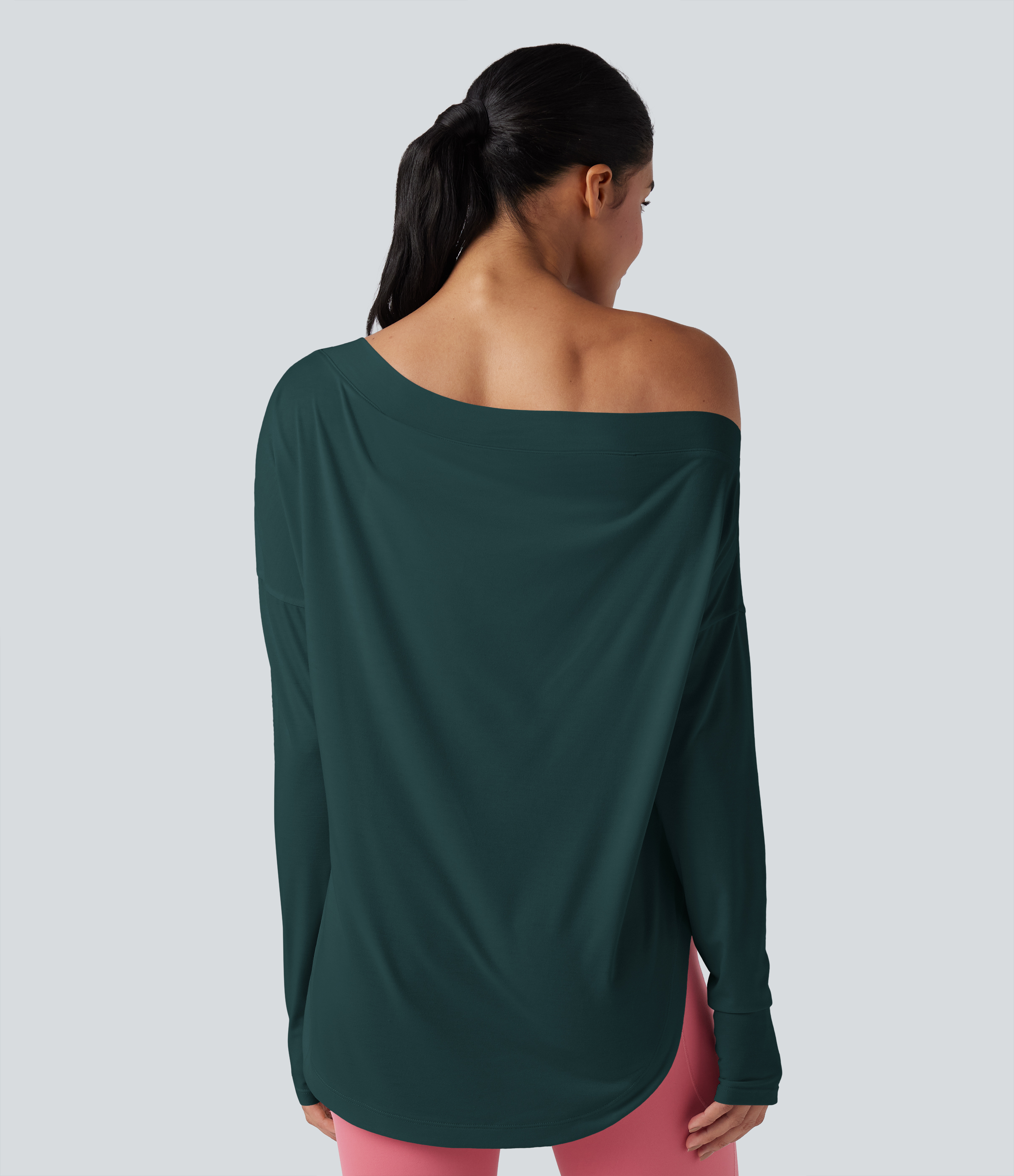 One Shoulder Long Sleeve Thumb Hole Curved Hem High Low Quick Dry Yoga Sports Top-Built-in Bra - Copper Green