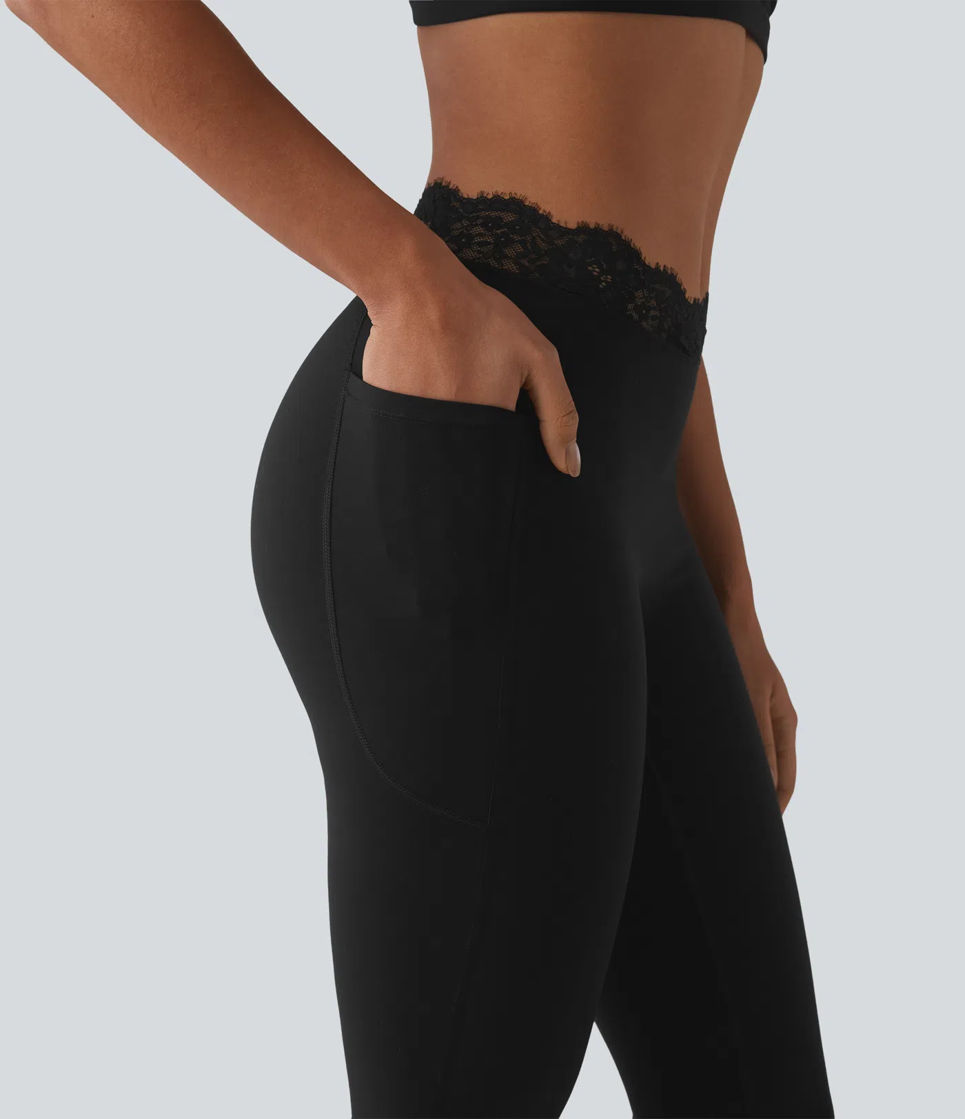 Halara UltraSculpt™ V-Shaped High Waisted Contrast Lace Yoga Flare Leggings with Pockets - Black - 7