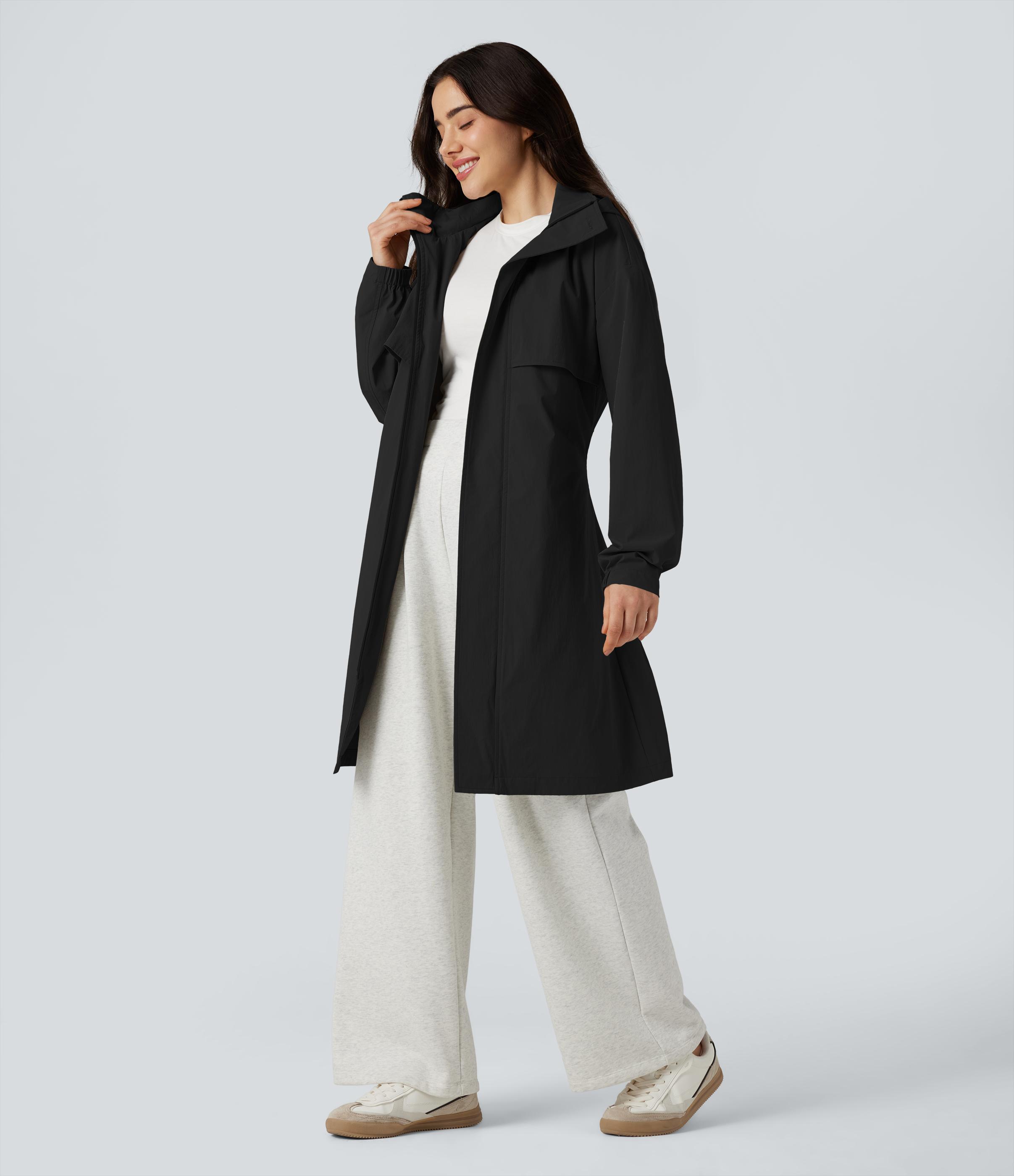 Water Repellent Hooded Belted Casual Trench Jacket with Pockets