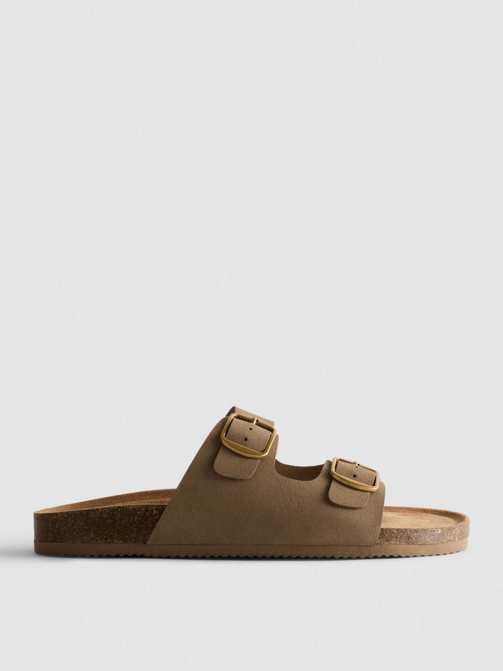 Double Buckle-Strap Mule Sandals - Taupe