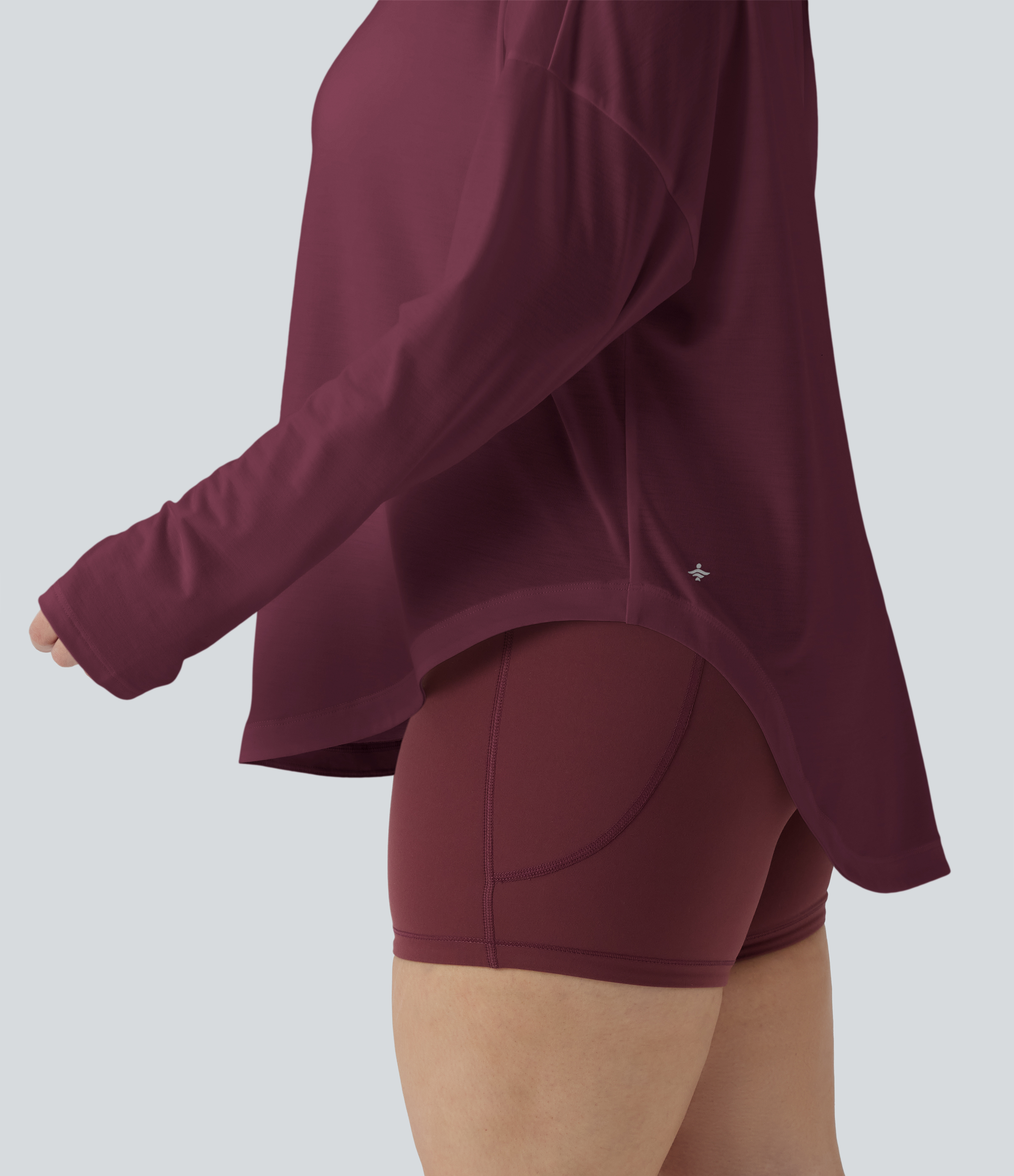 One Shoulder Long Sleeve Thumb Hole Curved Hem High Low Quick Dry Yoga Sports Top-Built-in Bra - Tibetan Red