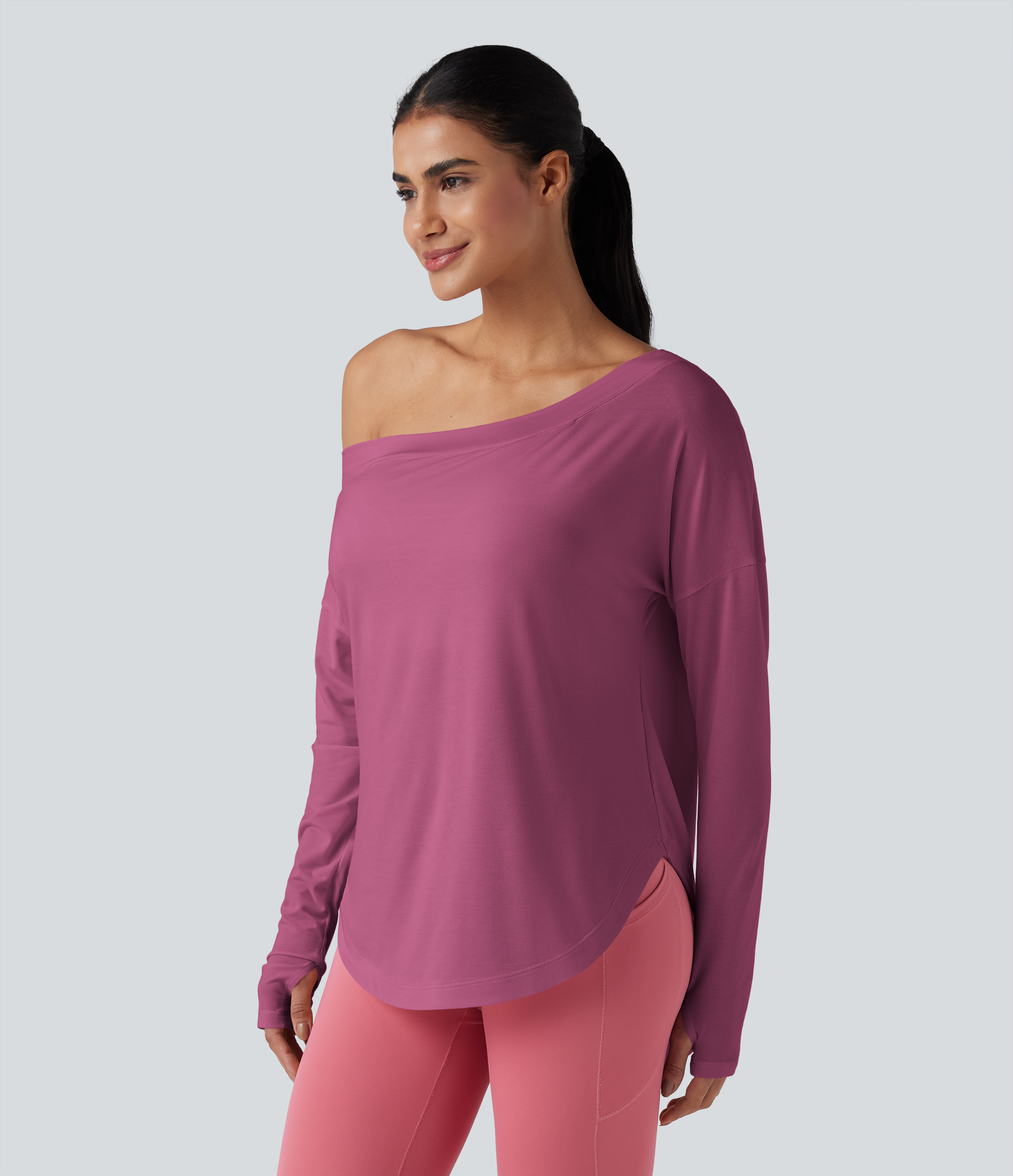 One Shoulder Long Sleeve Thumb Hole Curved Hem High Low Quick Dry Yoga Sports Top-Built-in Bra - Fuchsia Fedora