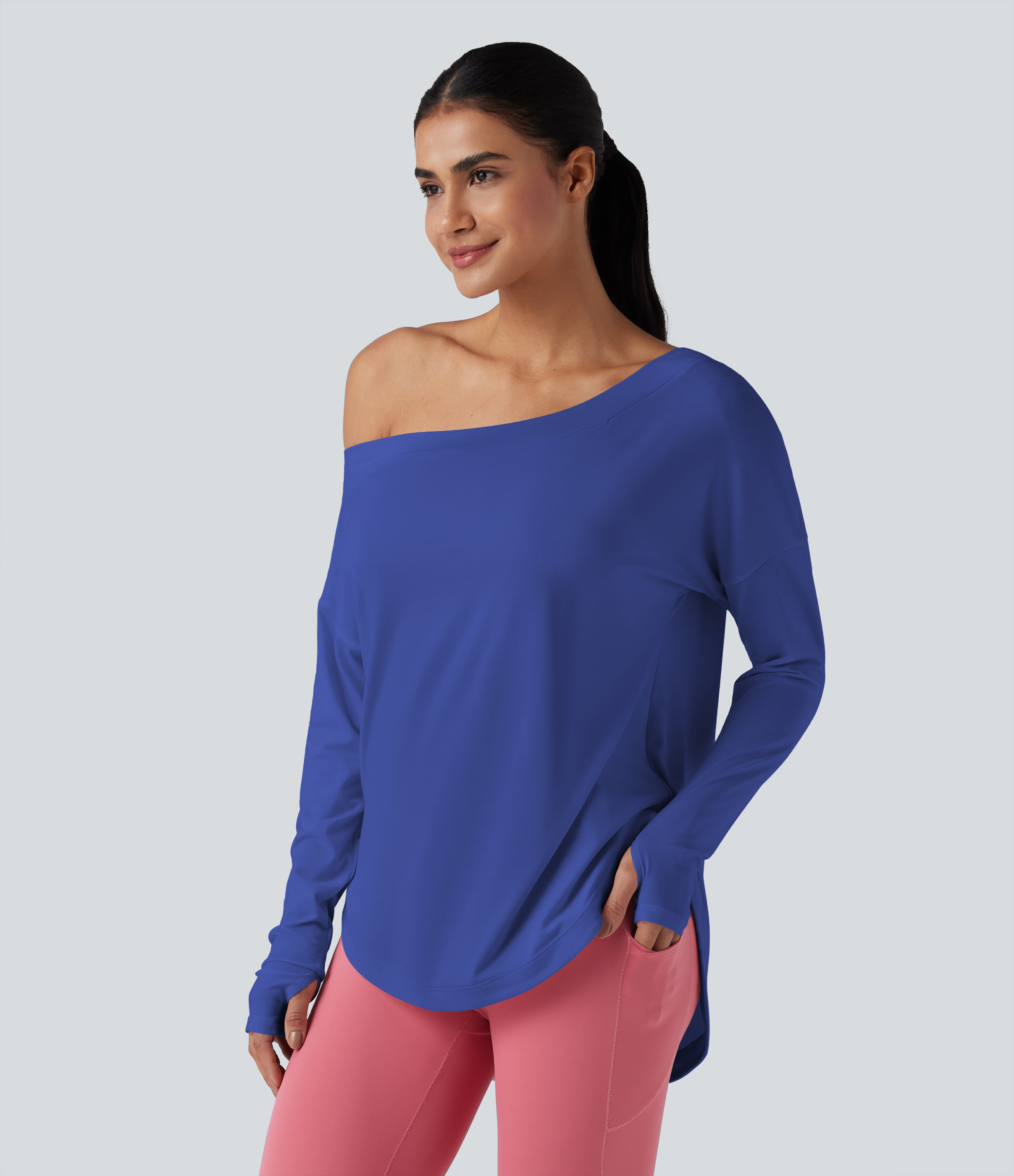 One Shoulder Long Sleeve Thumb Hole Curved Hem High Low Quick Dry Yoga Sports Top-Built-in Bra - Dazzling Blue