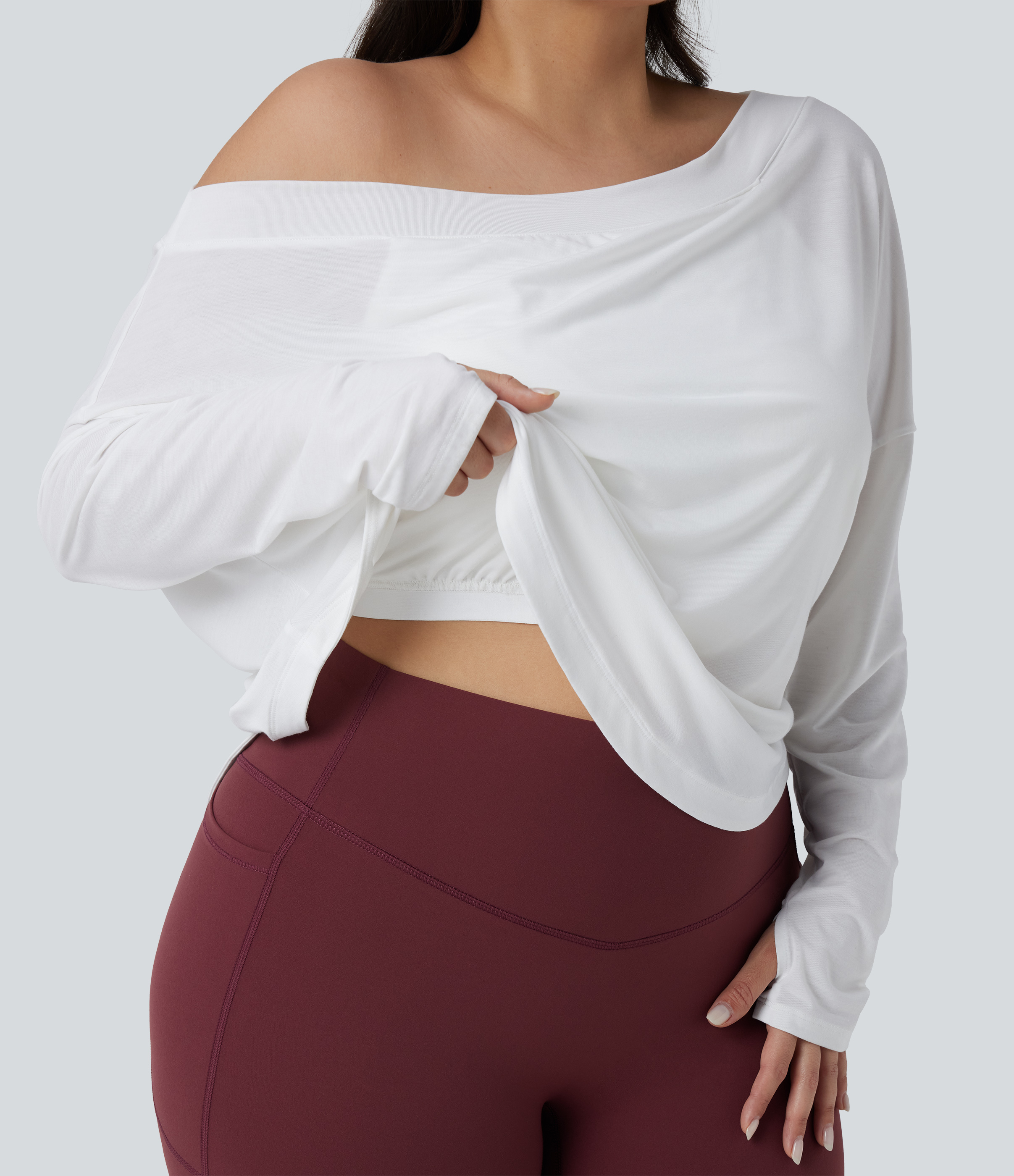 One Shoulder Long Sleeve Thumb Hole Curved Hem High Low Quick Dry Yoga Sports Top-Built-in Bra - White